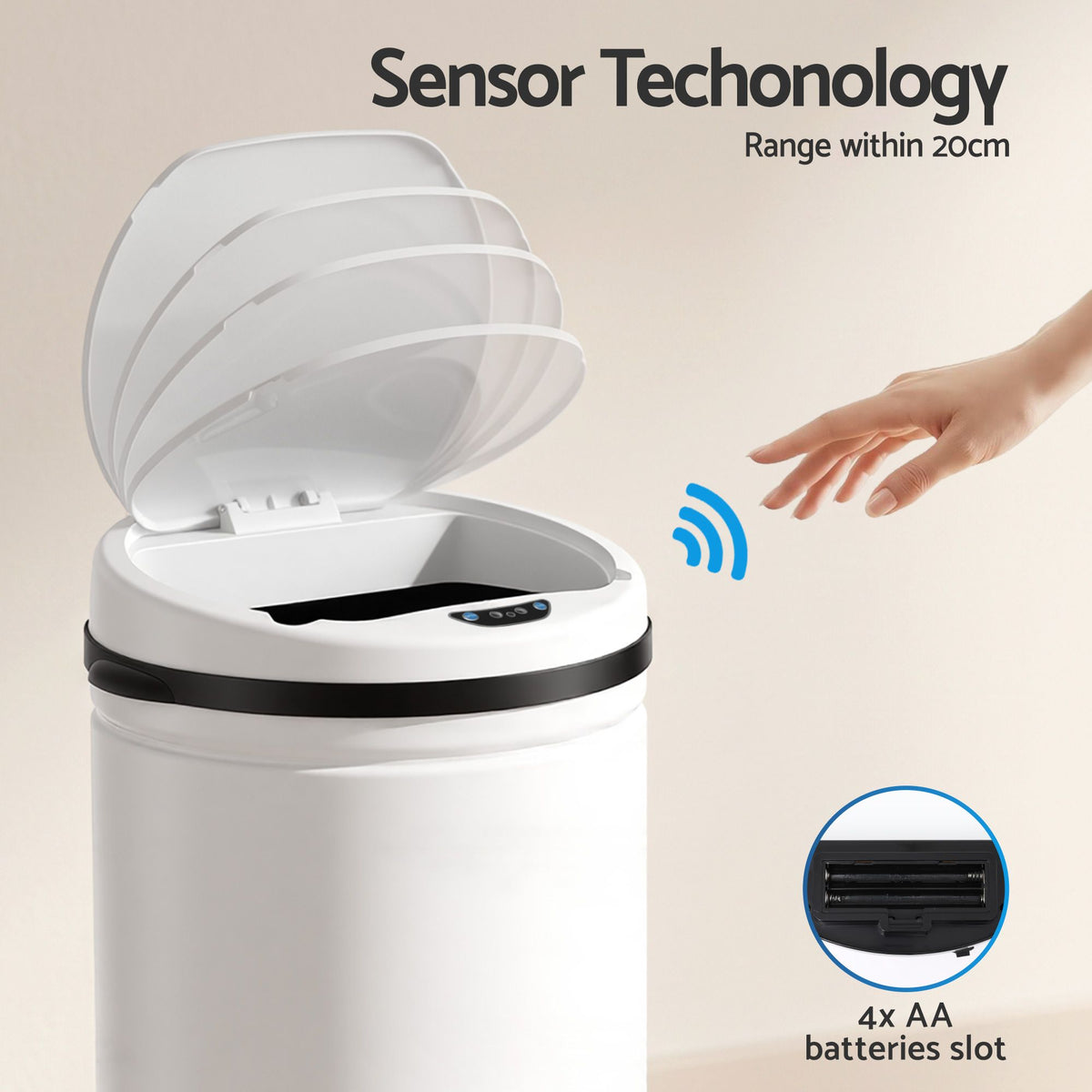 30L Automatic Sensor Bin with Touchless Operation and Soft-Closing Lid - White