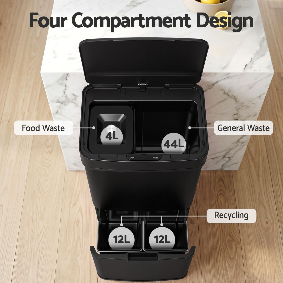 72L Sensor Bin 4-in-1 Compartment Stainless Steel Trash Can - Black
