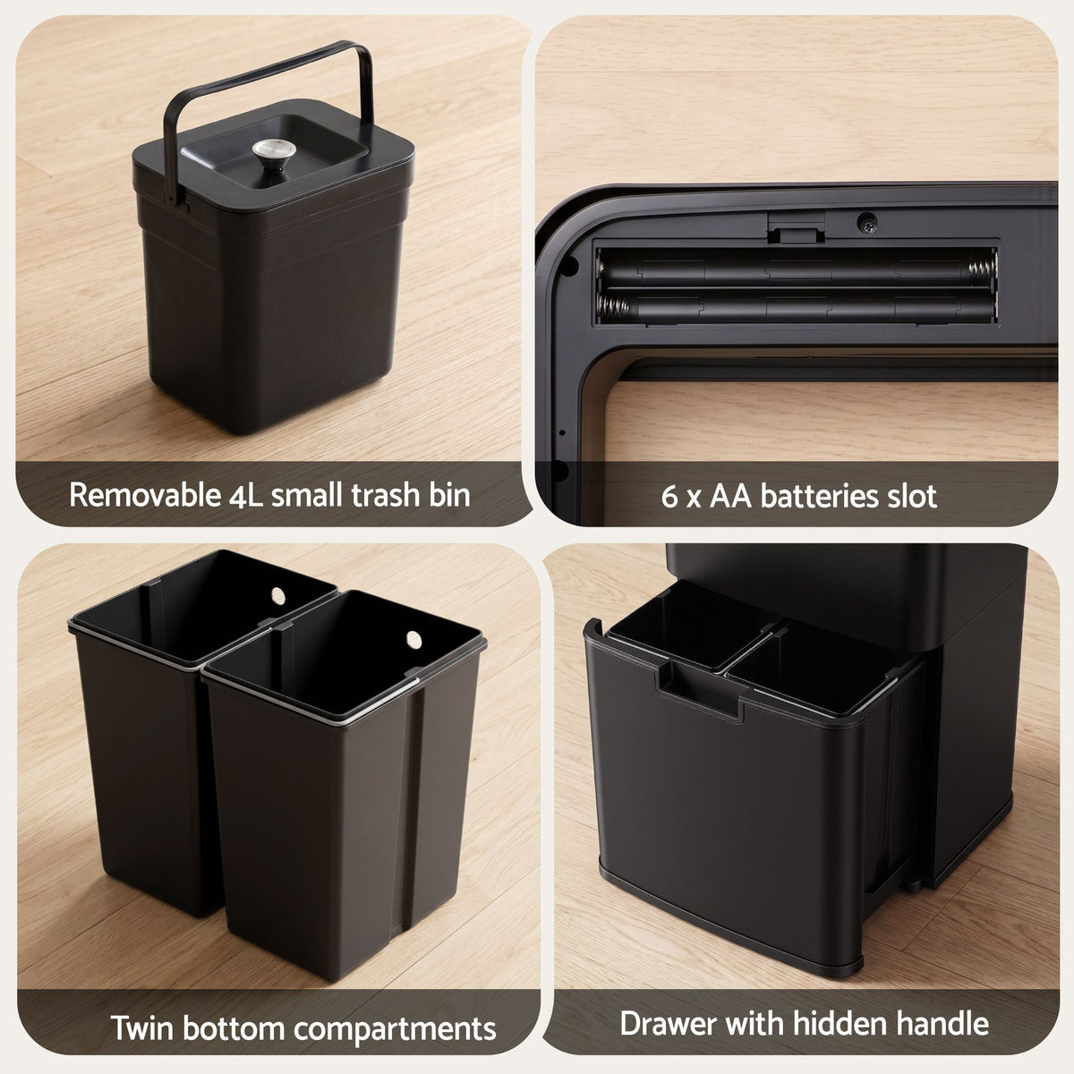 72L Sensor Bin 4-in-1 Compartment Stainless Steel Trash Can - Black