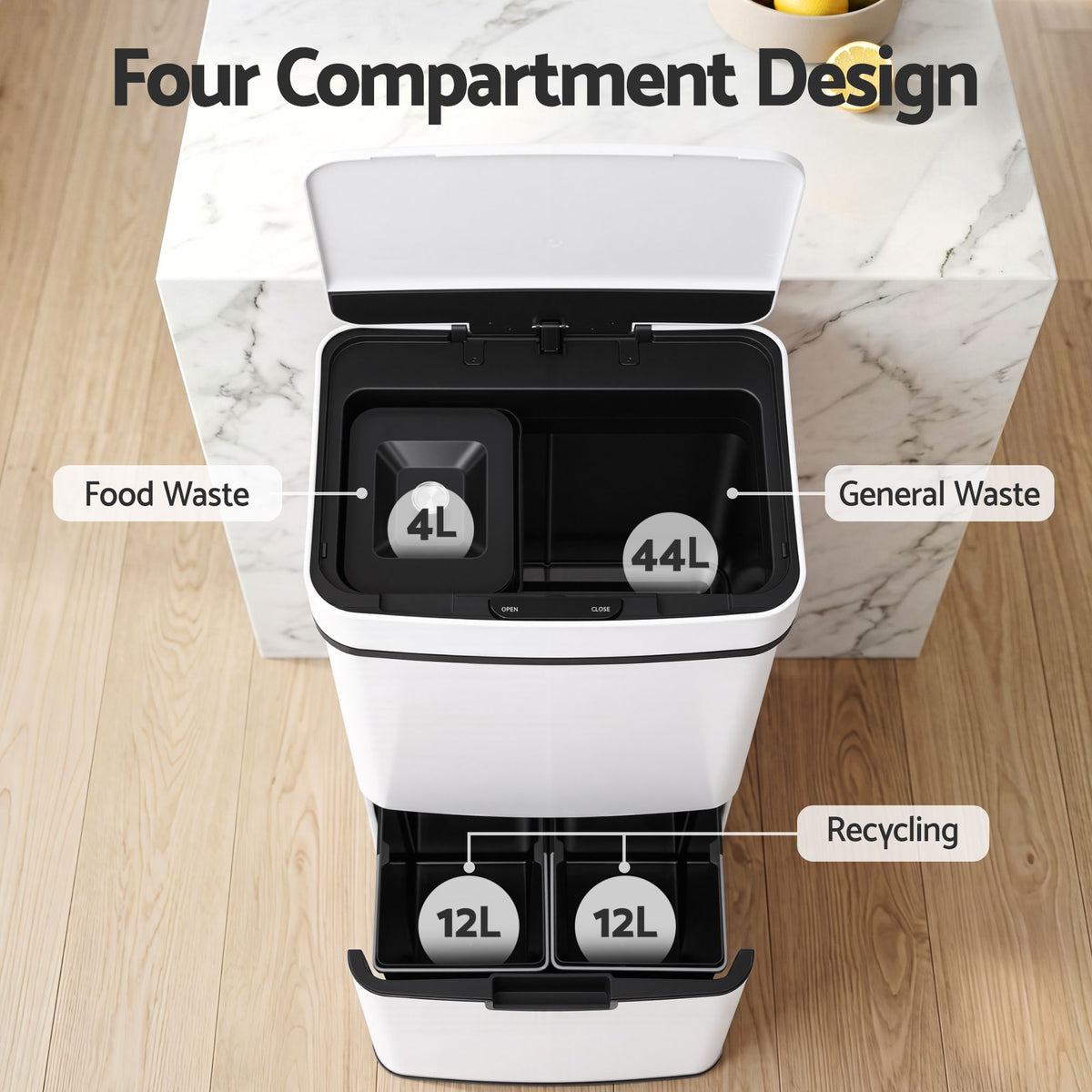 72L Sensor Bin 4-in-1 Compartment Stainless Steel Trash Can - White