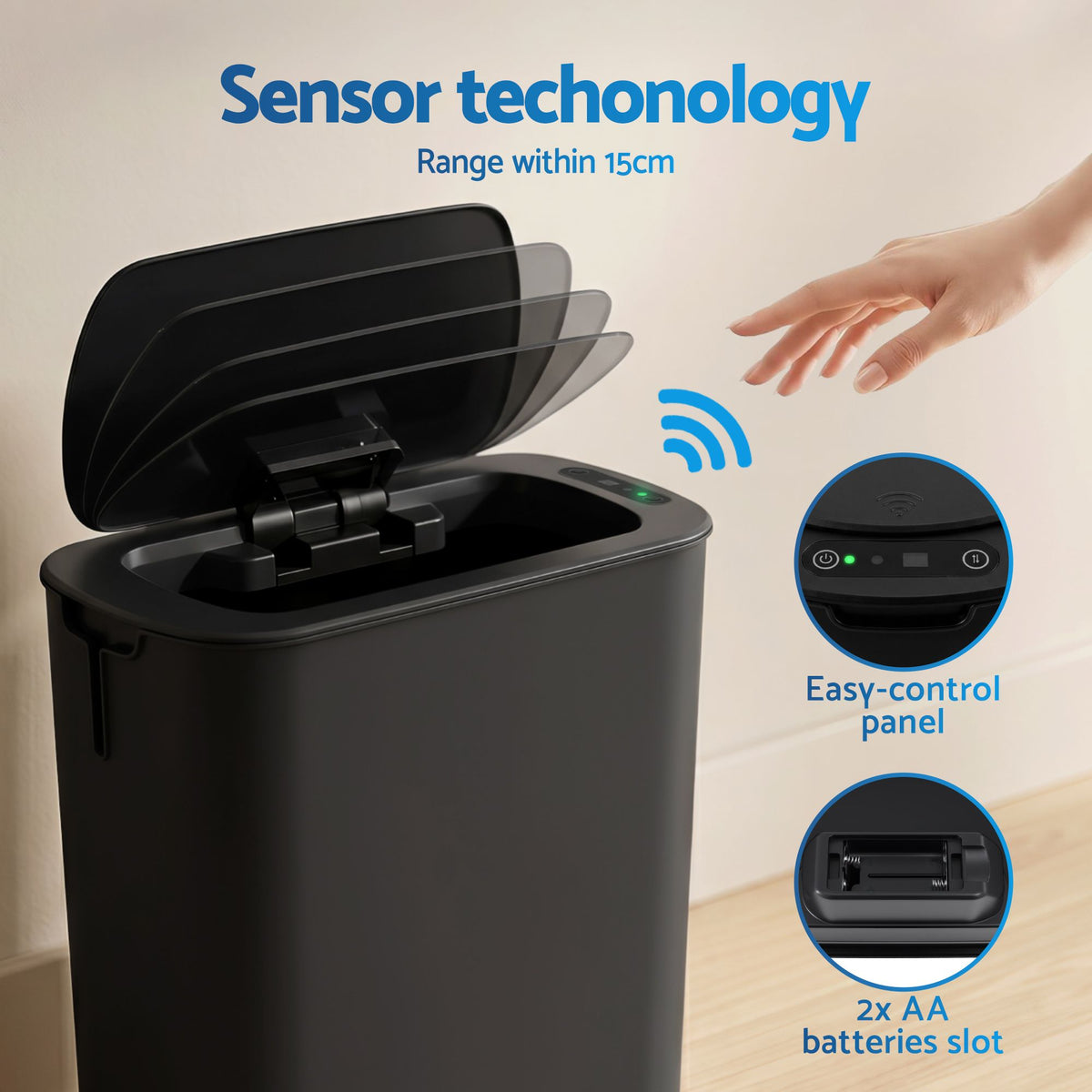 Automatic Motion Sensor Kitchen Trash Bin with Lid 11L Slim Touchless Garbage Can with Liner Holder - Black