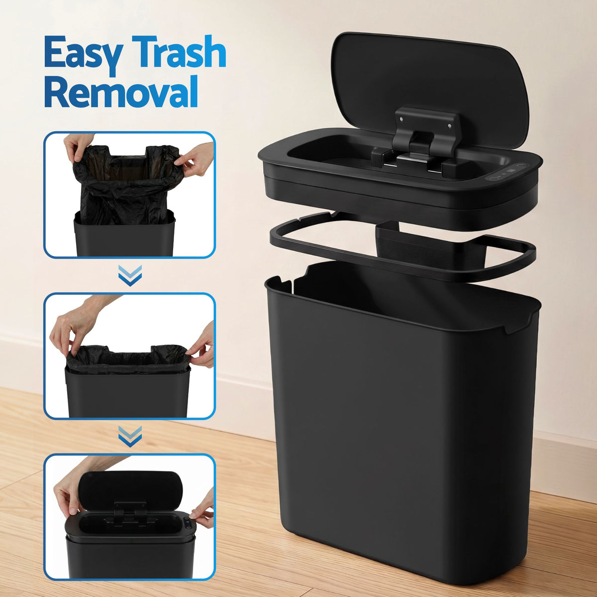 Automatic Motion Sensor Kitchen Trash Bin with Lid 11L Slim Touchless Garbage Can with Liner Holder - Black