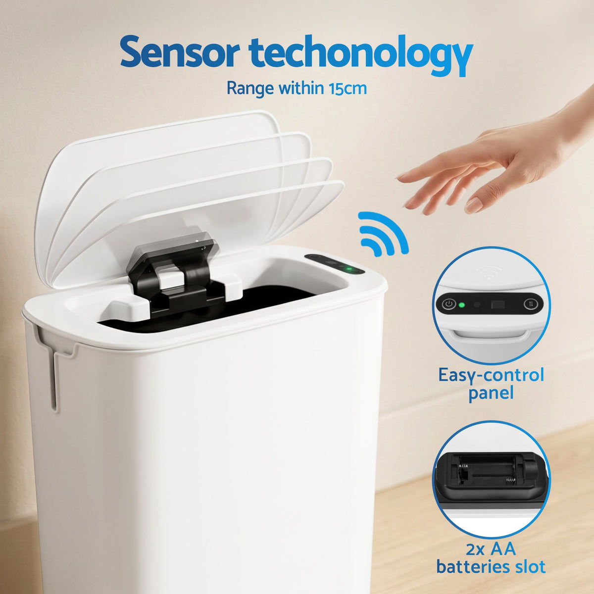 Automatic Touchless 11L Motion Sensor Kitchen Trash Bin with Lid and Liner Holder - White