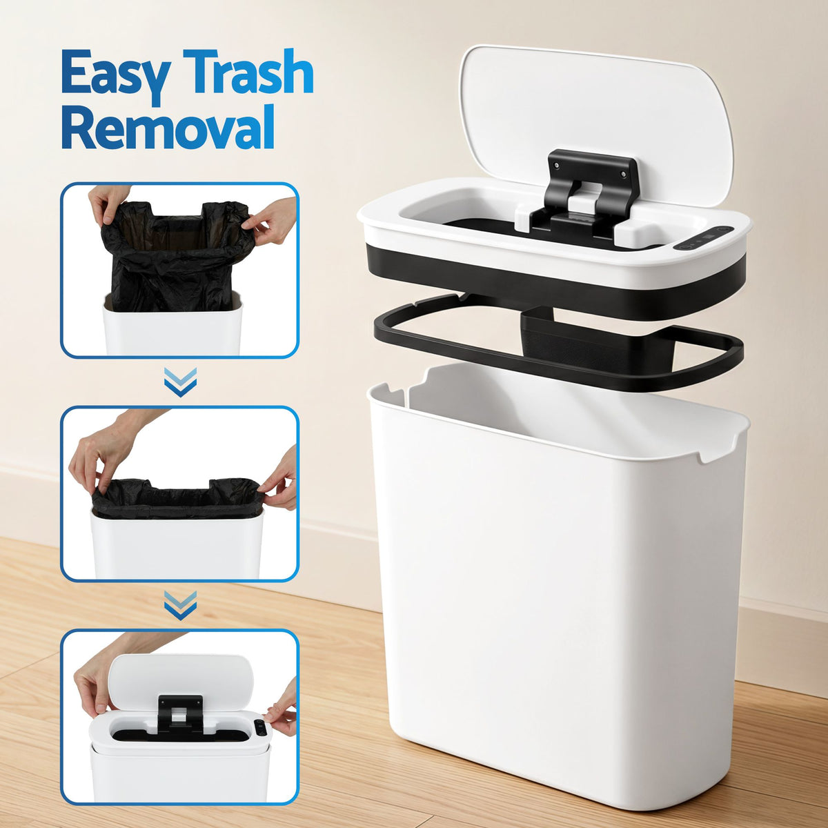 Automatic Touchless 11L Motion Sensor Kitchen Trash Bin with Lid and Liner Holder - White
