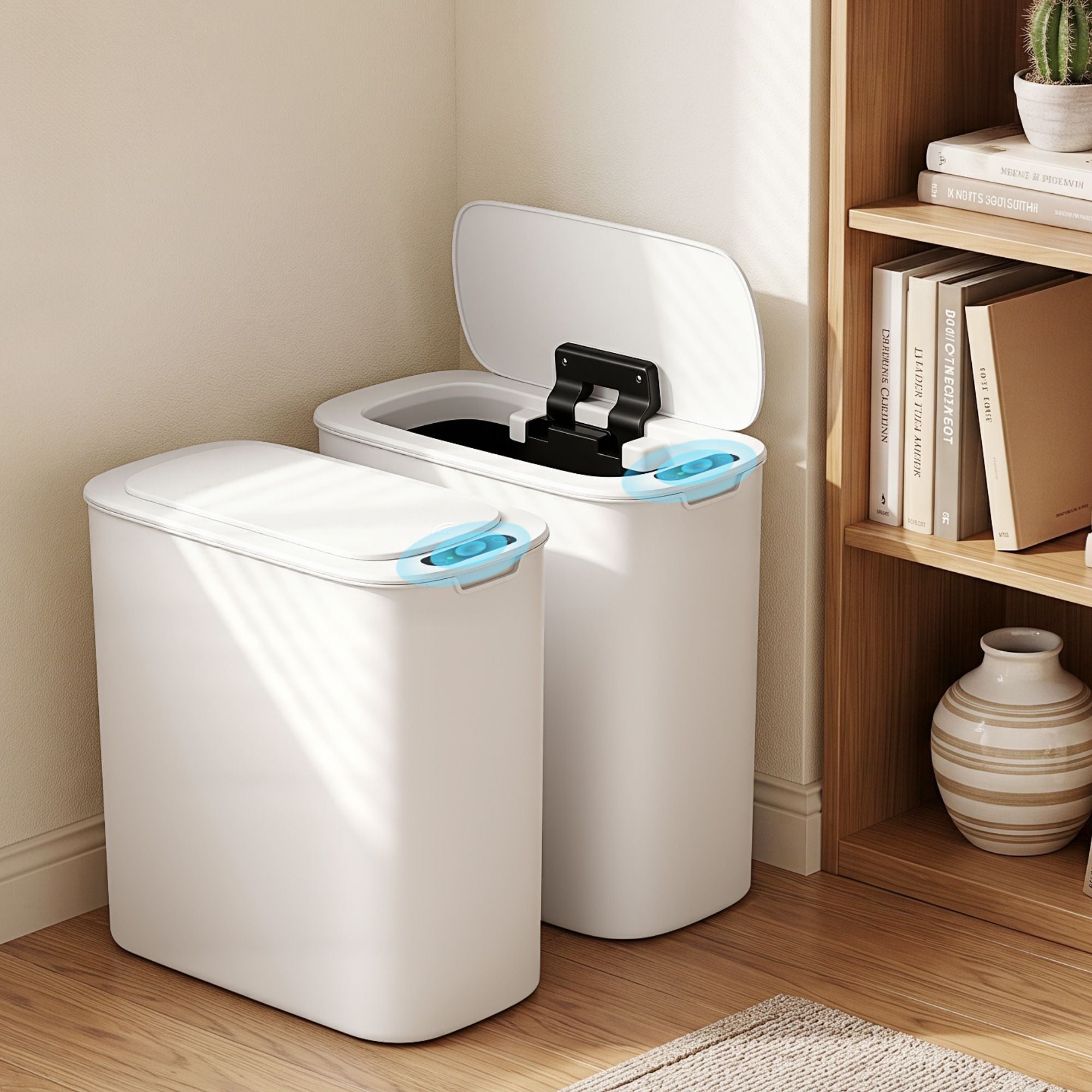 Automatic Trash Bin 2PCS with Lid 11L Motion Sensor Kitchen Bin Touchless Garbage Can Modern White Plastic Slim Rubbish Bin with Liner Holder for Kitchen, Home, Office