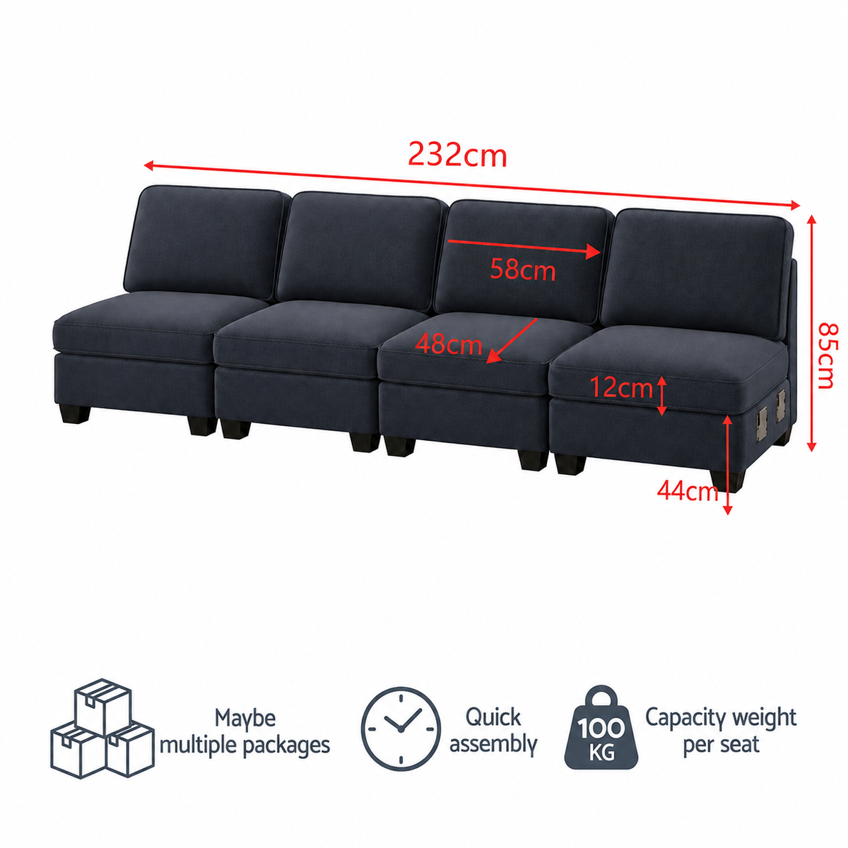 4 Seater Modular Sofa Set Sectional with Easy Assembly - Dark Grey