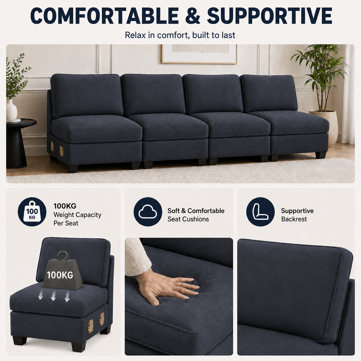 4 Seater Modular Sofa Set Sectional with Easy Assembly - Dark Grey