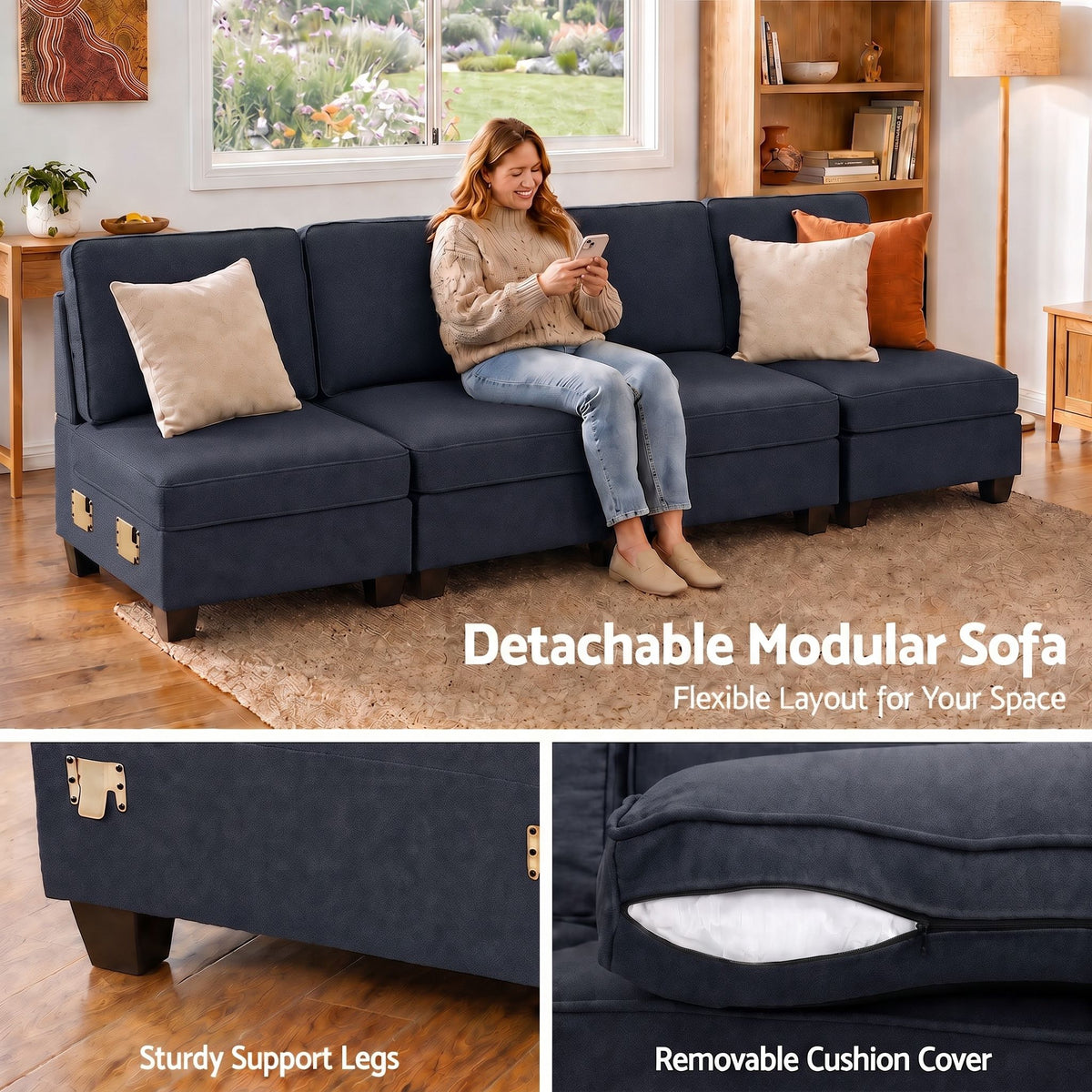 4 Seater Modular Sofa Set Sectional with Easy Assembly - Dark Grey