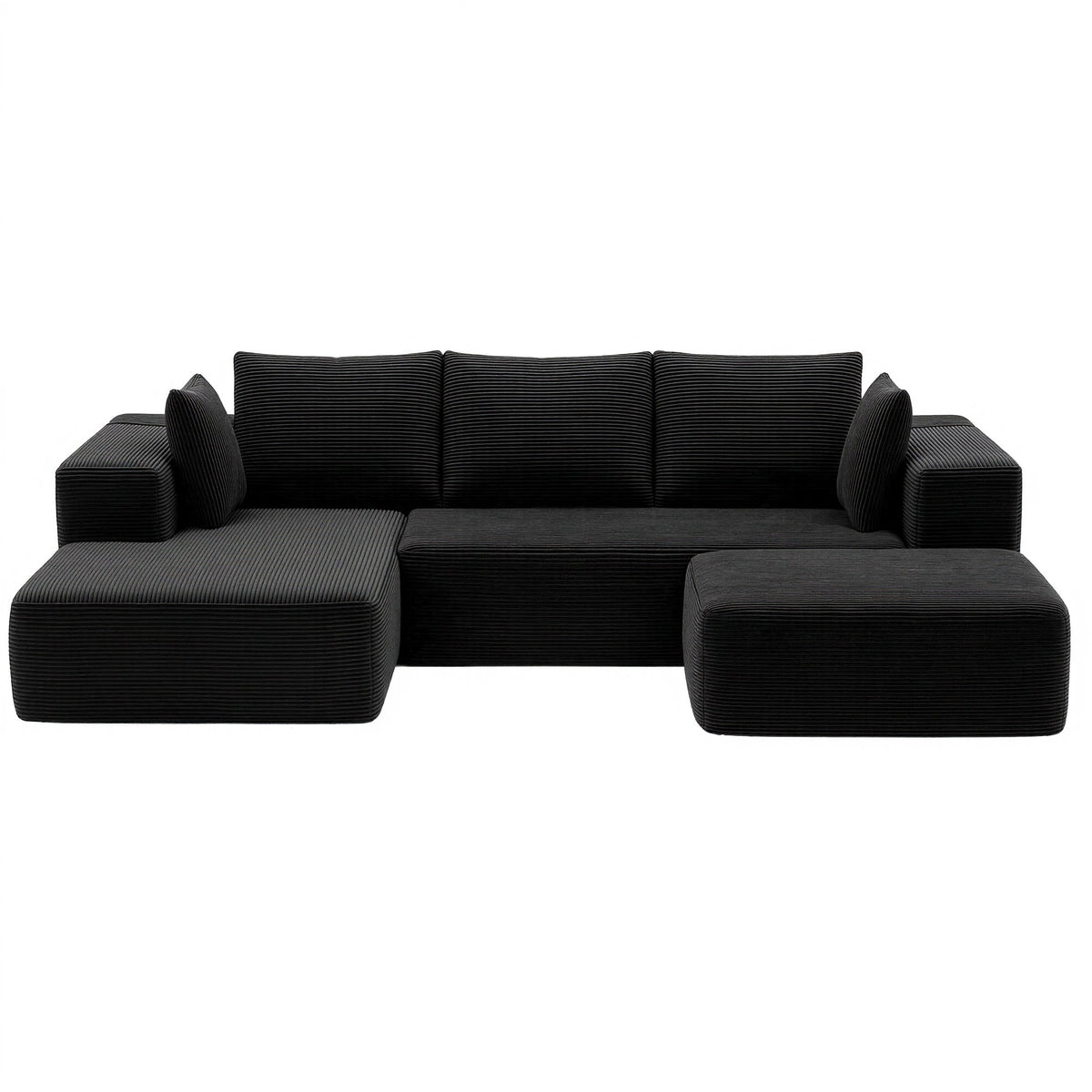 Modular Corduroy Sofa Bed with Ottoman Sectional Boneless Couch for Living Room - Black