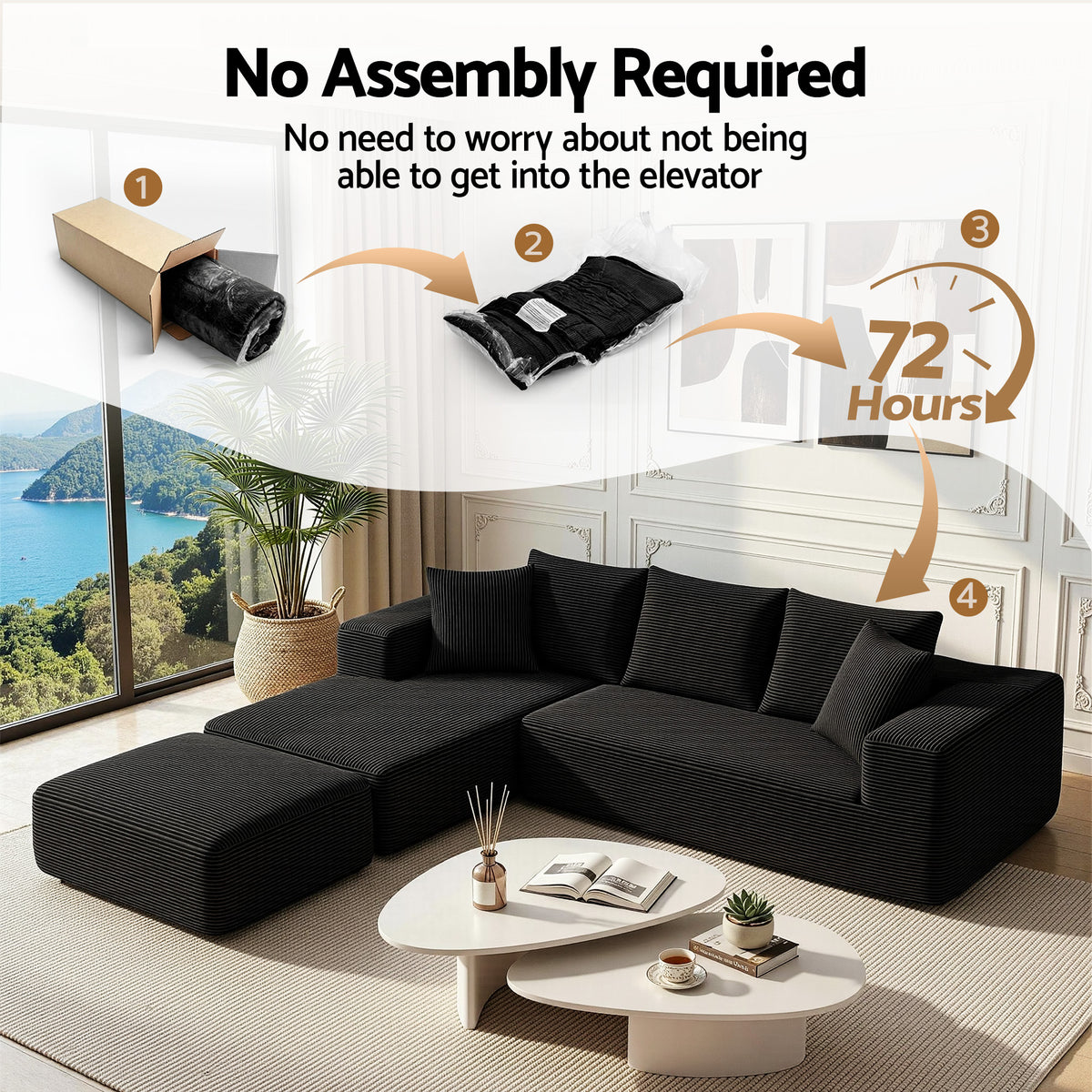 Modular Corduroy Sofa Bed with Ottoman Sectional Boneless Couch for Living Room - Black
