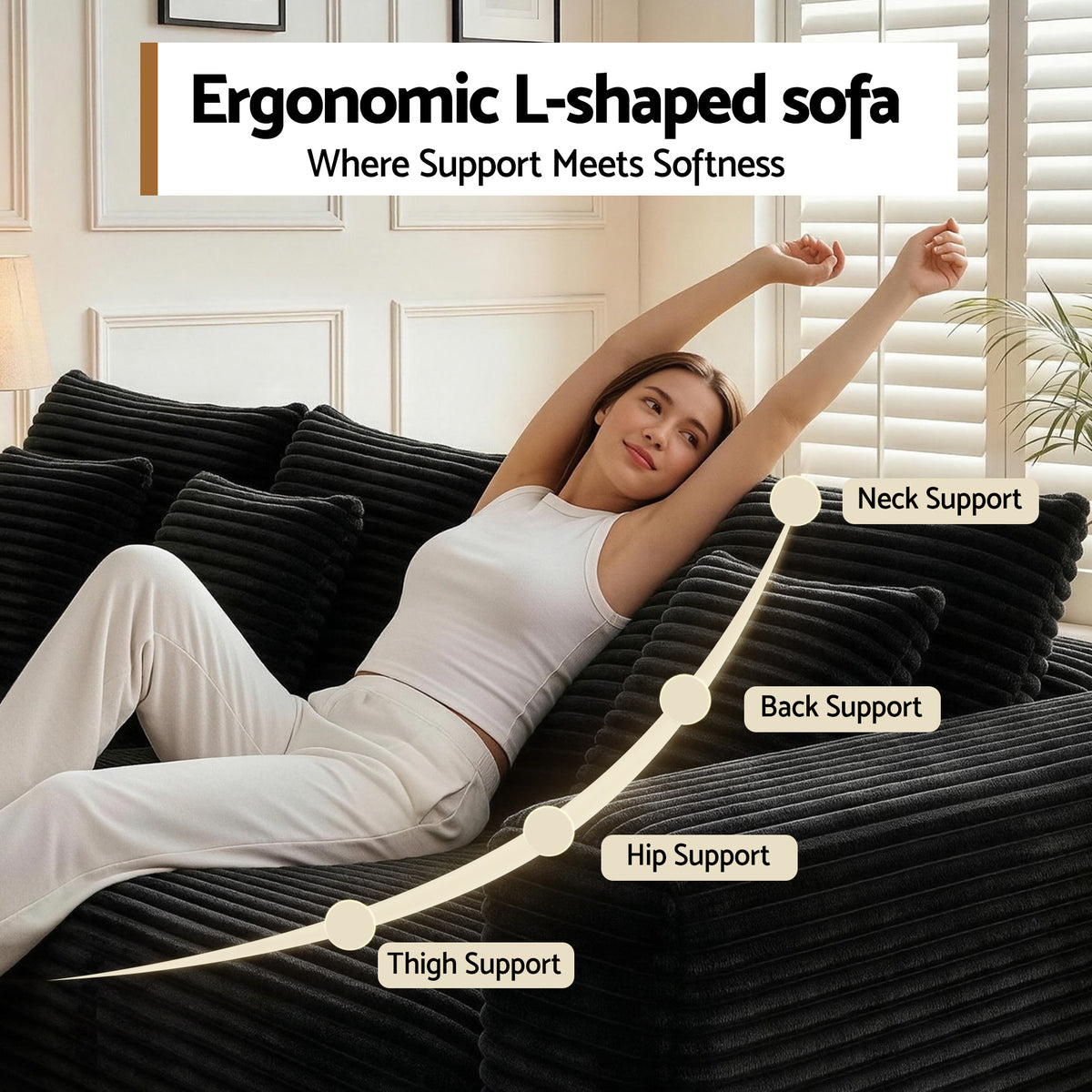 Modular Corduroy Sofa Bed with Ottoman Sectional Boneless Couch for Living Room - Black