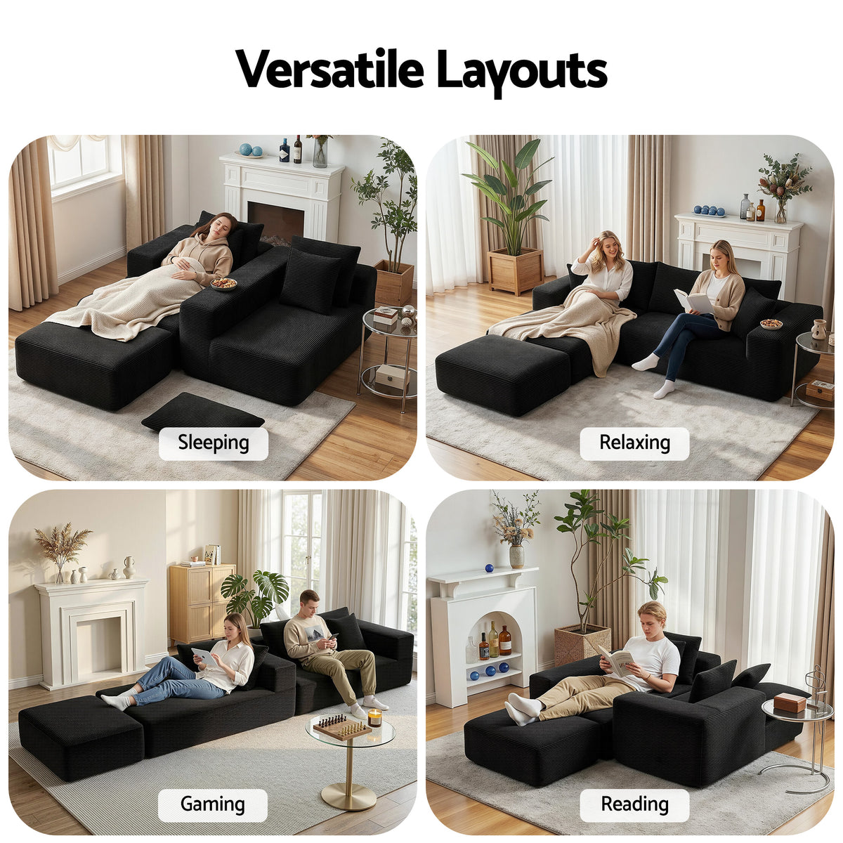 Modular Corduroy Sofa Bed with Ottoman Sectional Boneless Couch for Living Room - Black