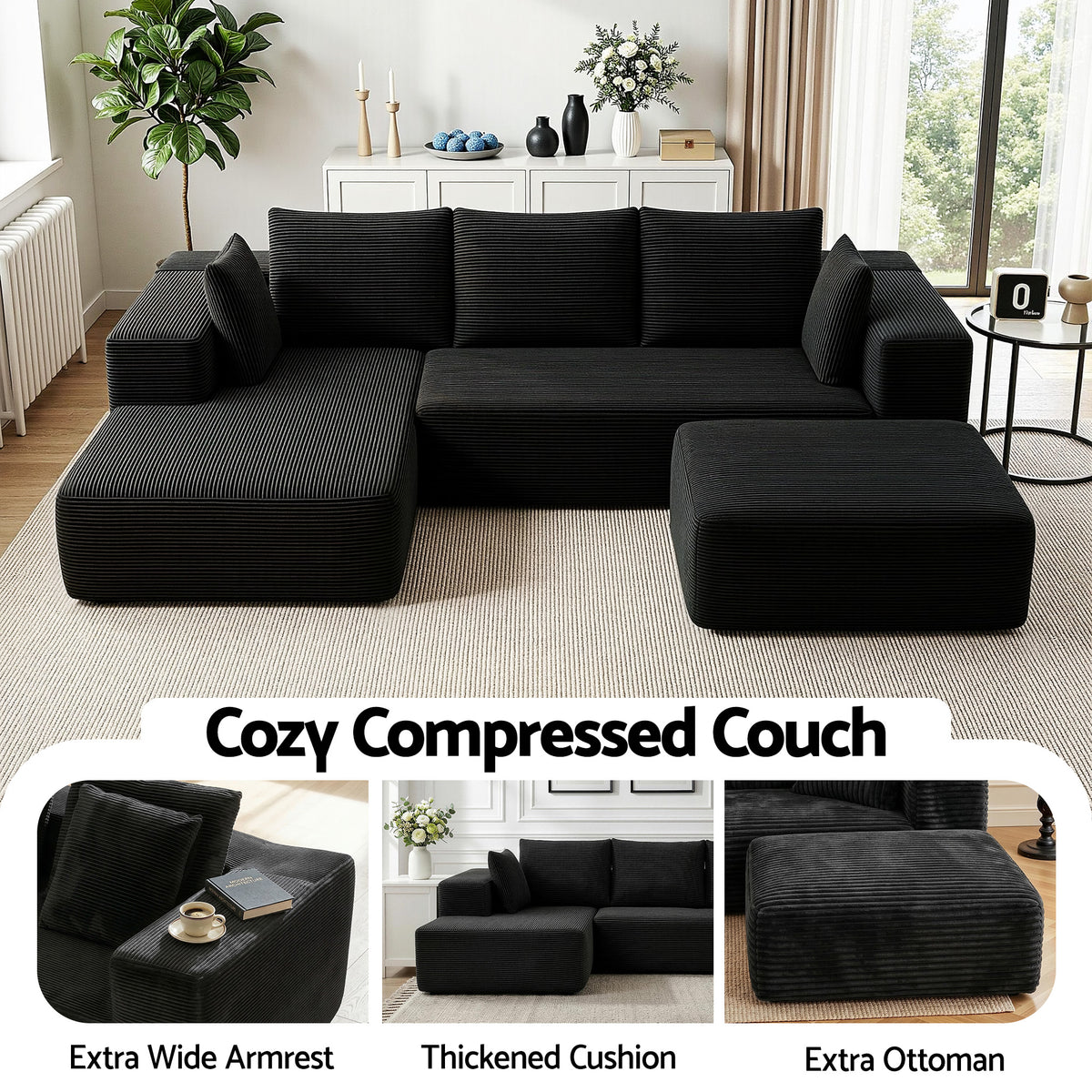 Modular Corduroy Sofa Bed with Ottoman Sectional Boneless Couch for Living Room - Black
