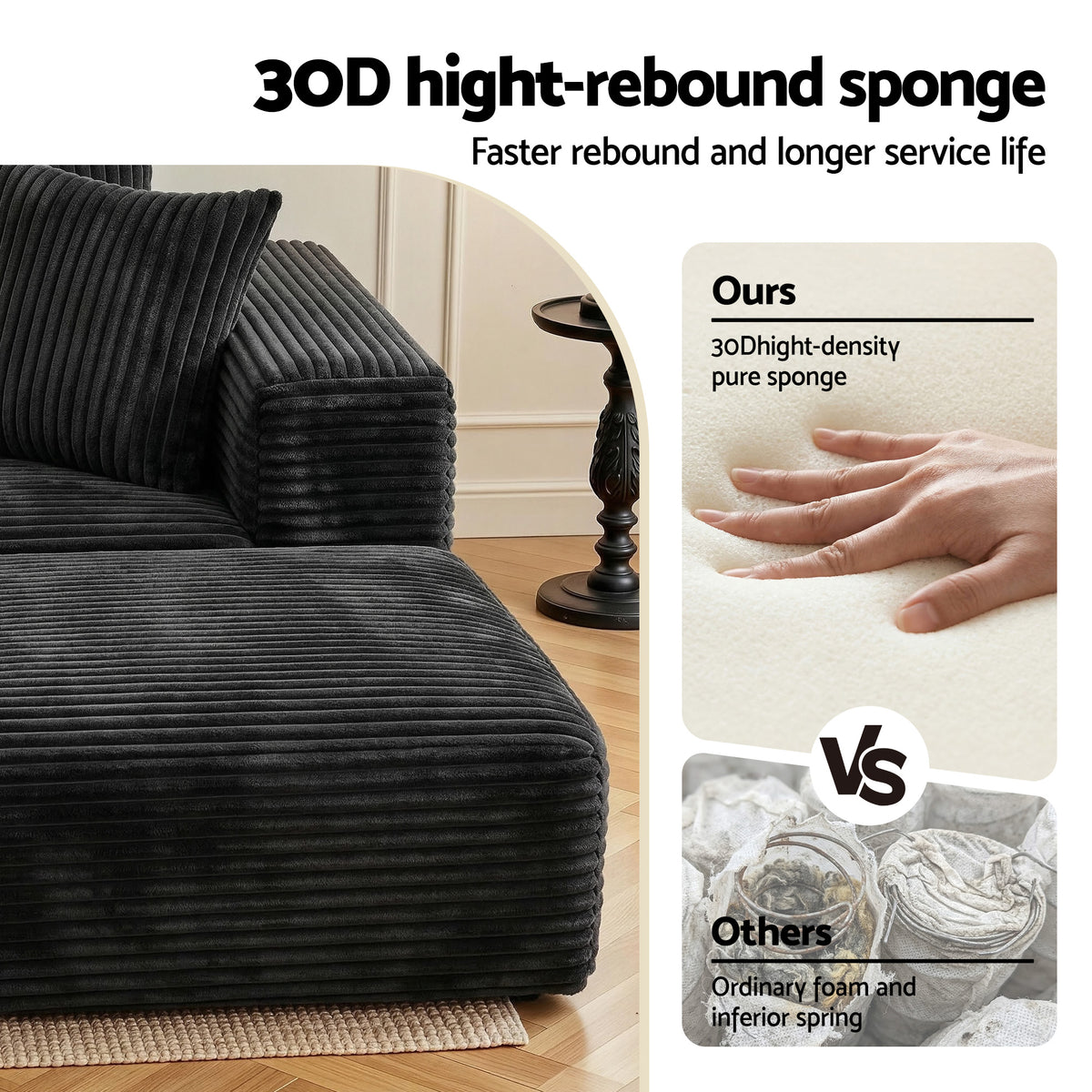 Modular Corduroy Sofa Bed with Ottoman Sectional Boneless Couch for Living Room - Black