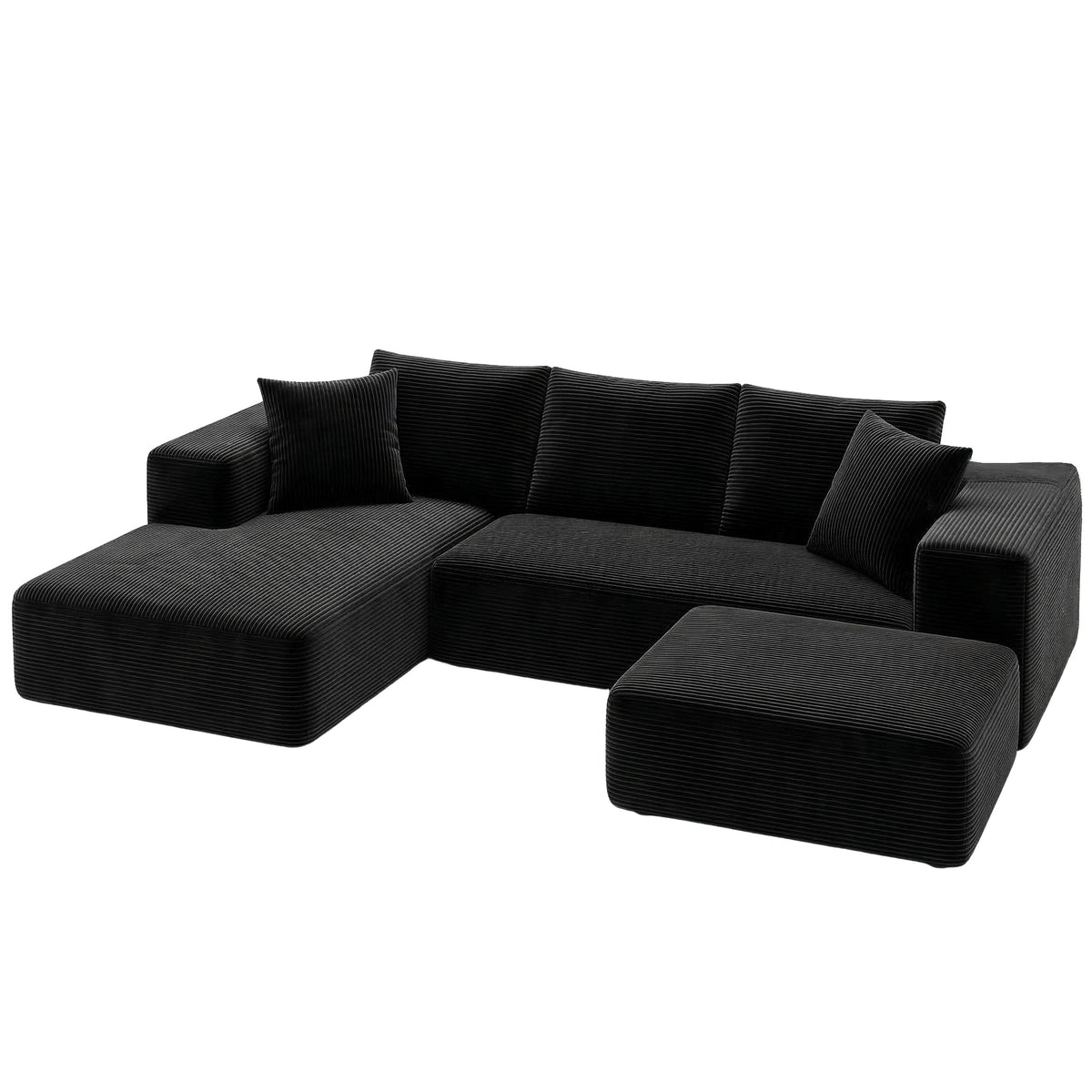 Modular Corduroy Sofa Bed with Ottoman Sectional Boneless Couch for Living Room - Black
