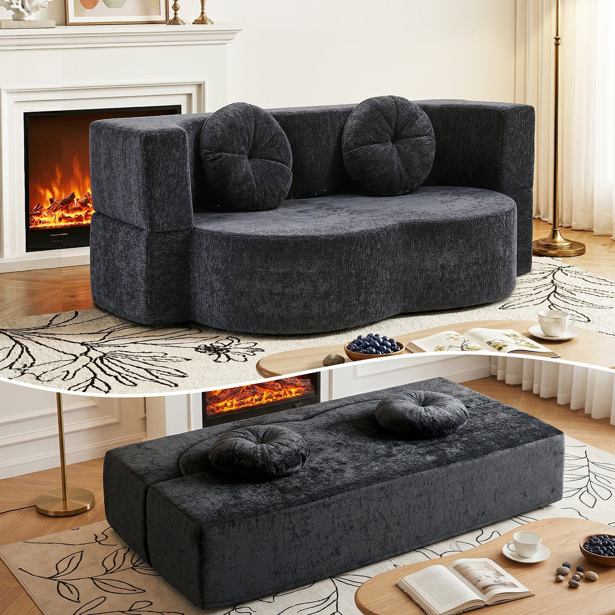 2 in 1 Convertible Boneless Folding Sofa Bed with High Density Sponge and 2 Pillows - Grey