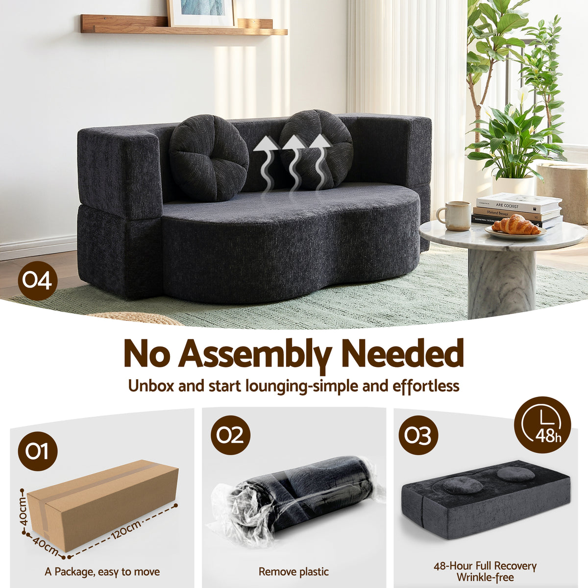 2 in 1 Convertible Boneless Folding Sofa Bed with High Density Sponge and 2 Pillows - Grey