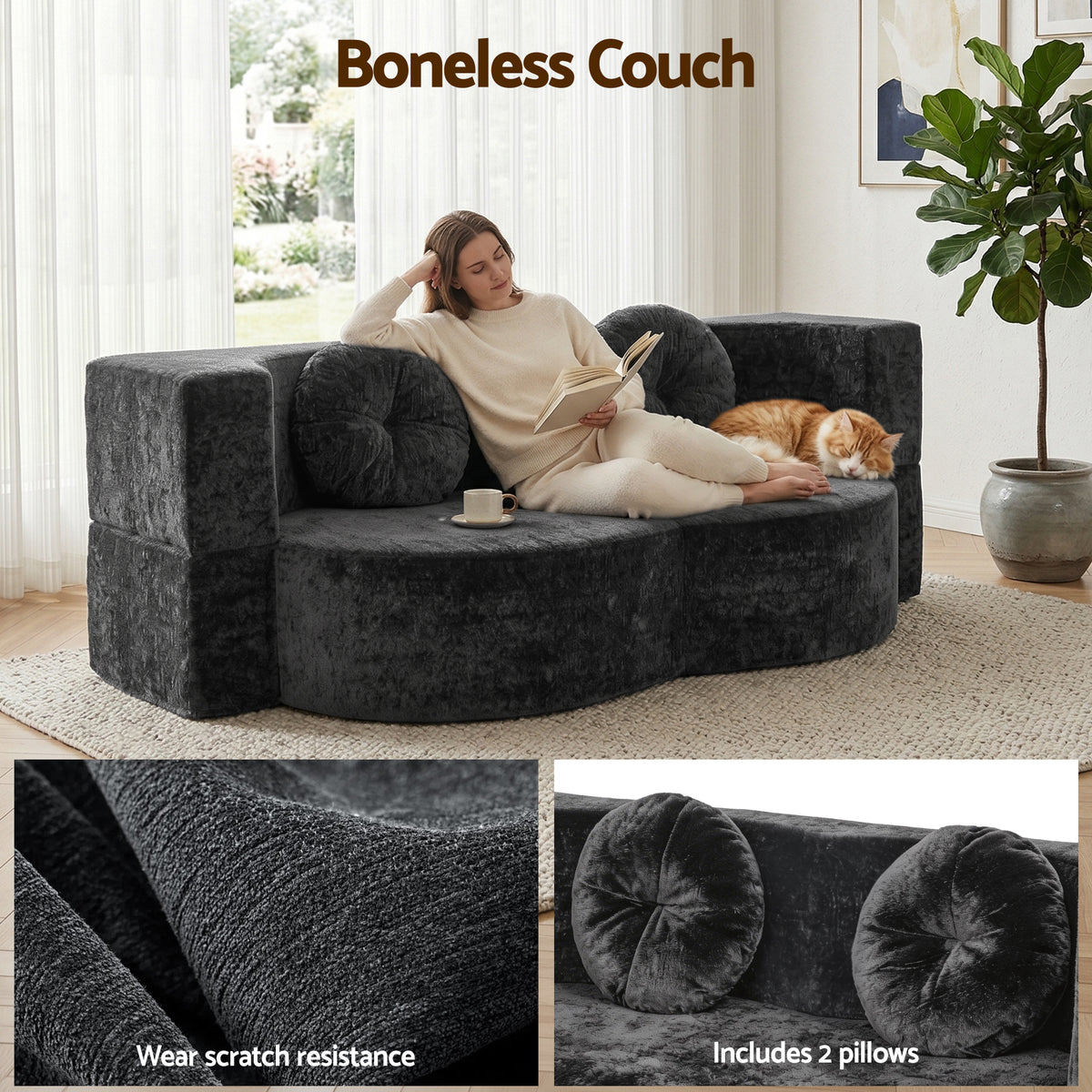 2 in 1 Convertible Boneless Folding Sofa Bed with High Density Sponge and 2 Pillows - Grey