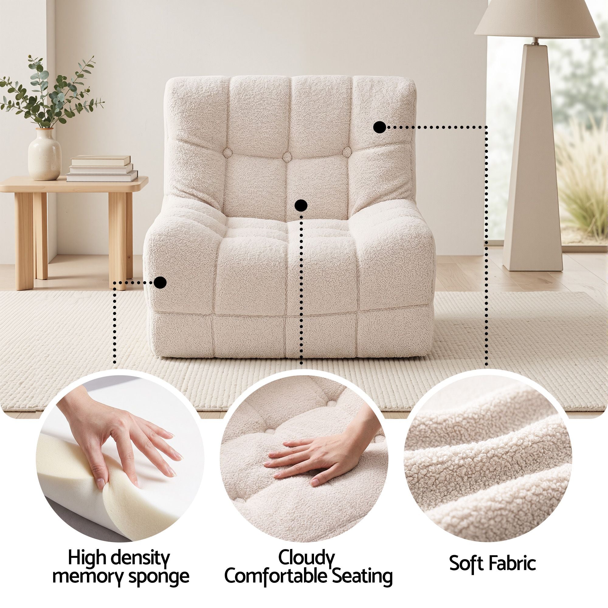 Set of 3 Modular Boneless Sofa Couches No Assembly - White