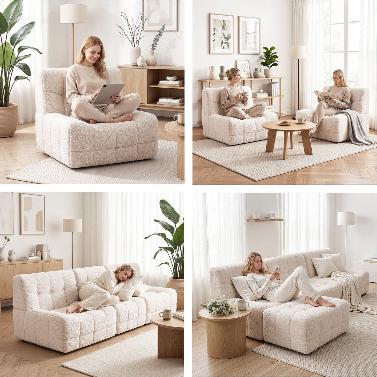 Set of 3 Modular Boneless Sofa Couches No Assembly - White