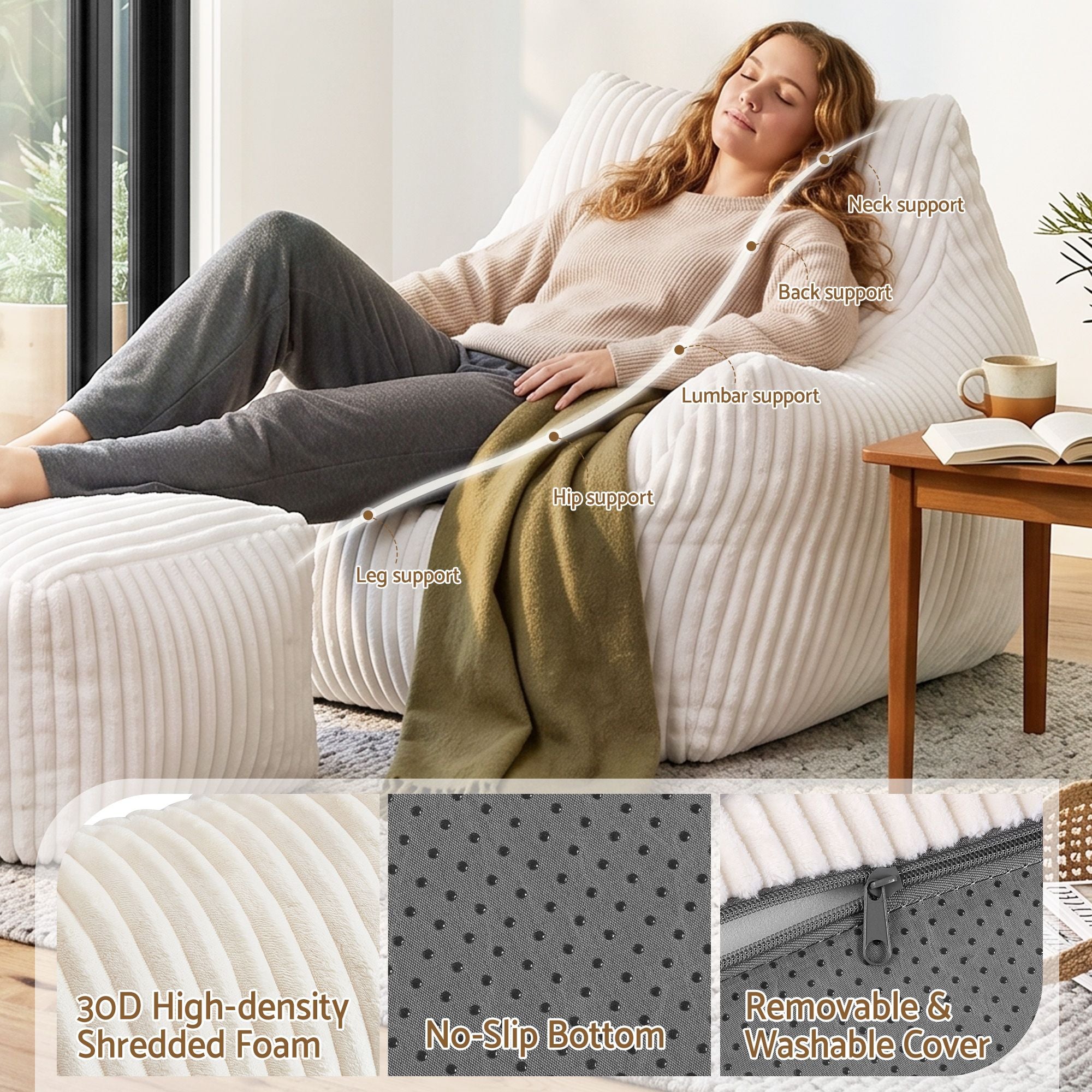 Bean Bag Sofa w/Ottoman Corduroy for Adults Teens White