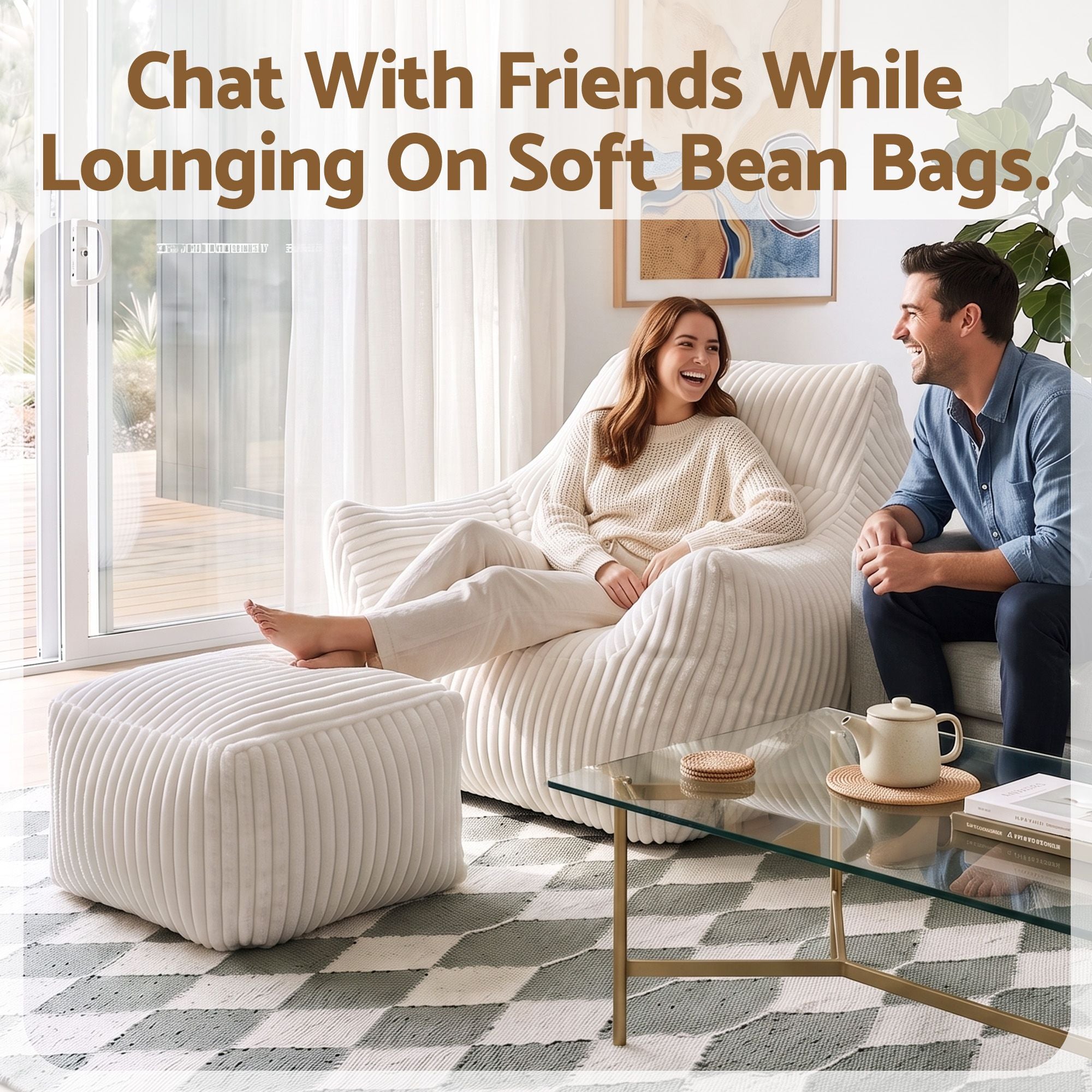 Bean Bag Sofa w/Ottoman Corduroy for Adults Teens White