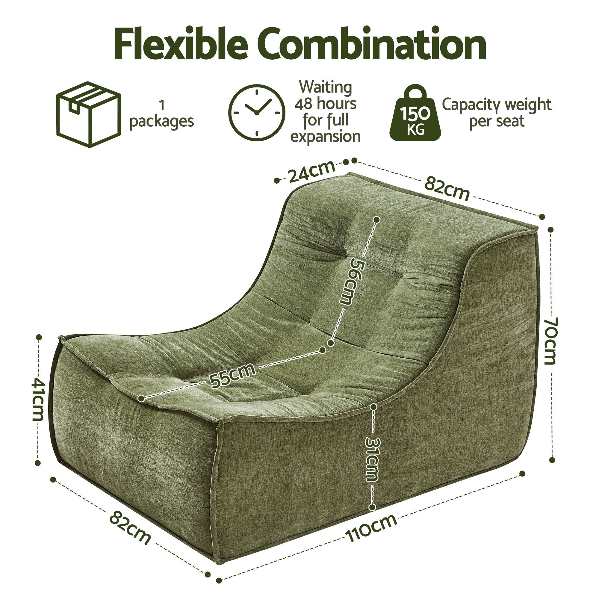 Floor Sofa Armless Chenille No Assembly Removable Cover Green