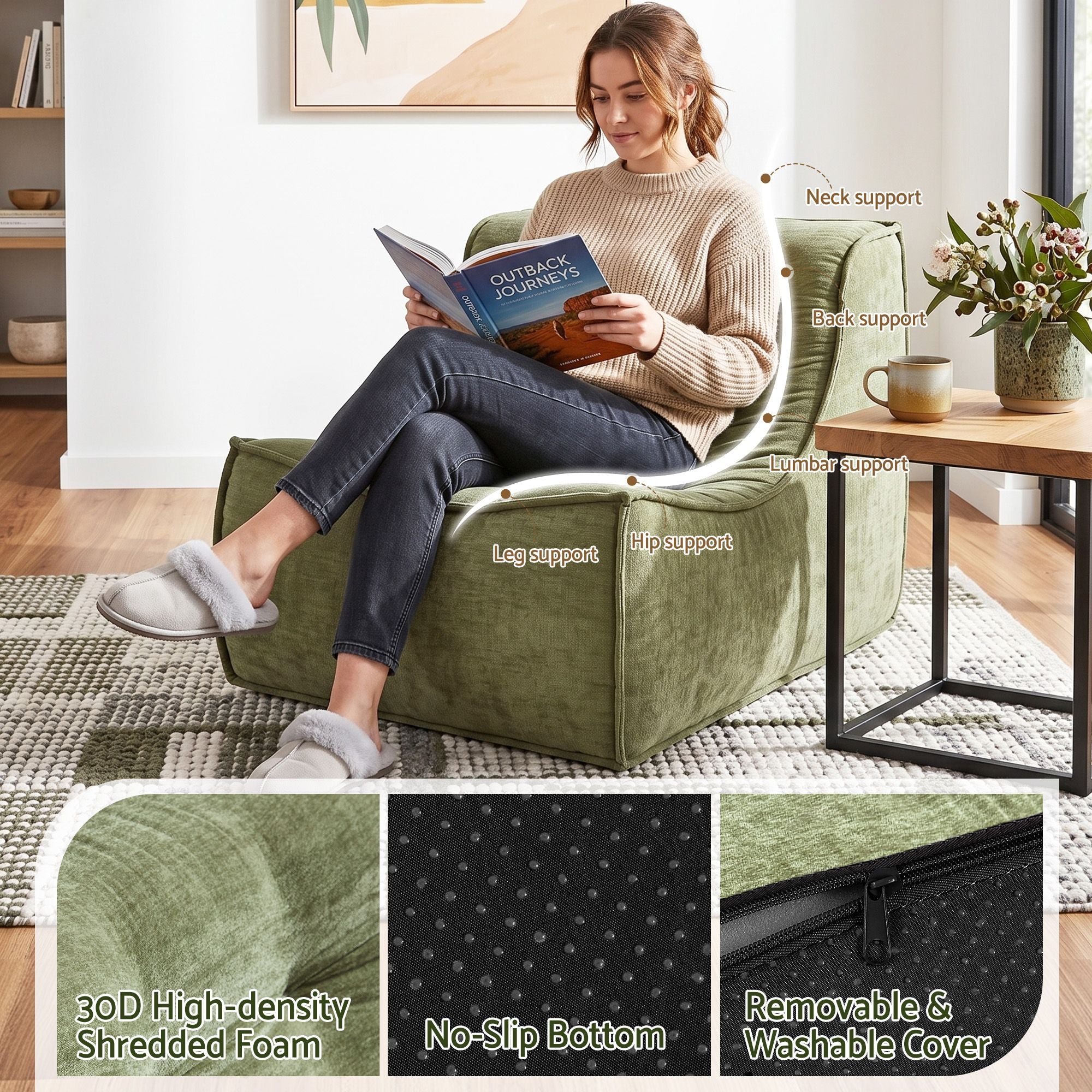 Floor Sofa Armless Chenille No Assembly Removable Cover Green