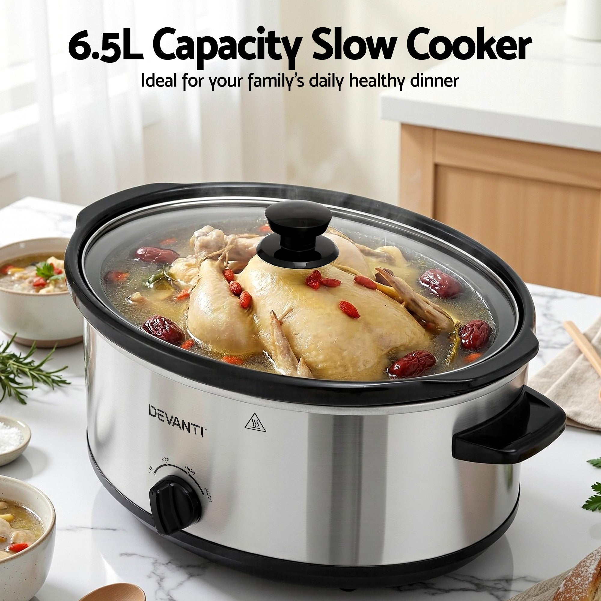 6.5L Electric Slow Cooker Multi Cooker with 3 Heat Settings & Keep Warm - Silver