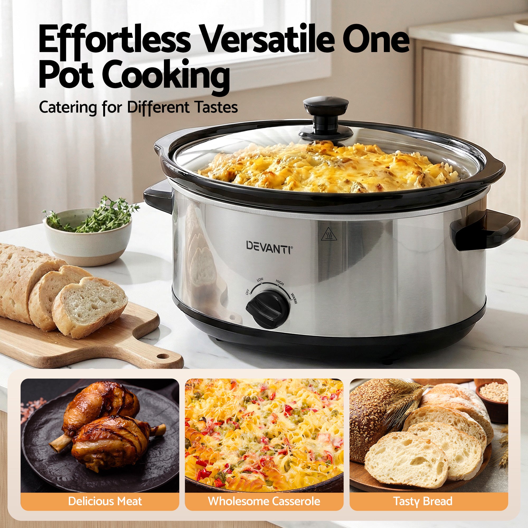 6.5L Electric Slow Cooker Multi Cooker with 3 Heat Settings & Keep Warm - Silver