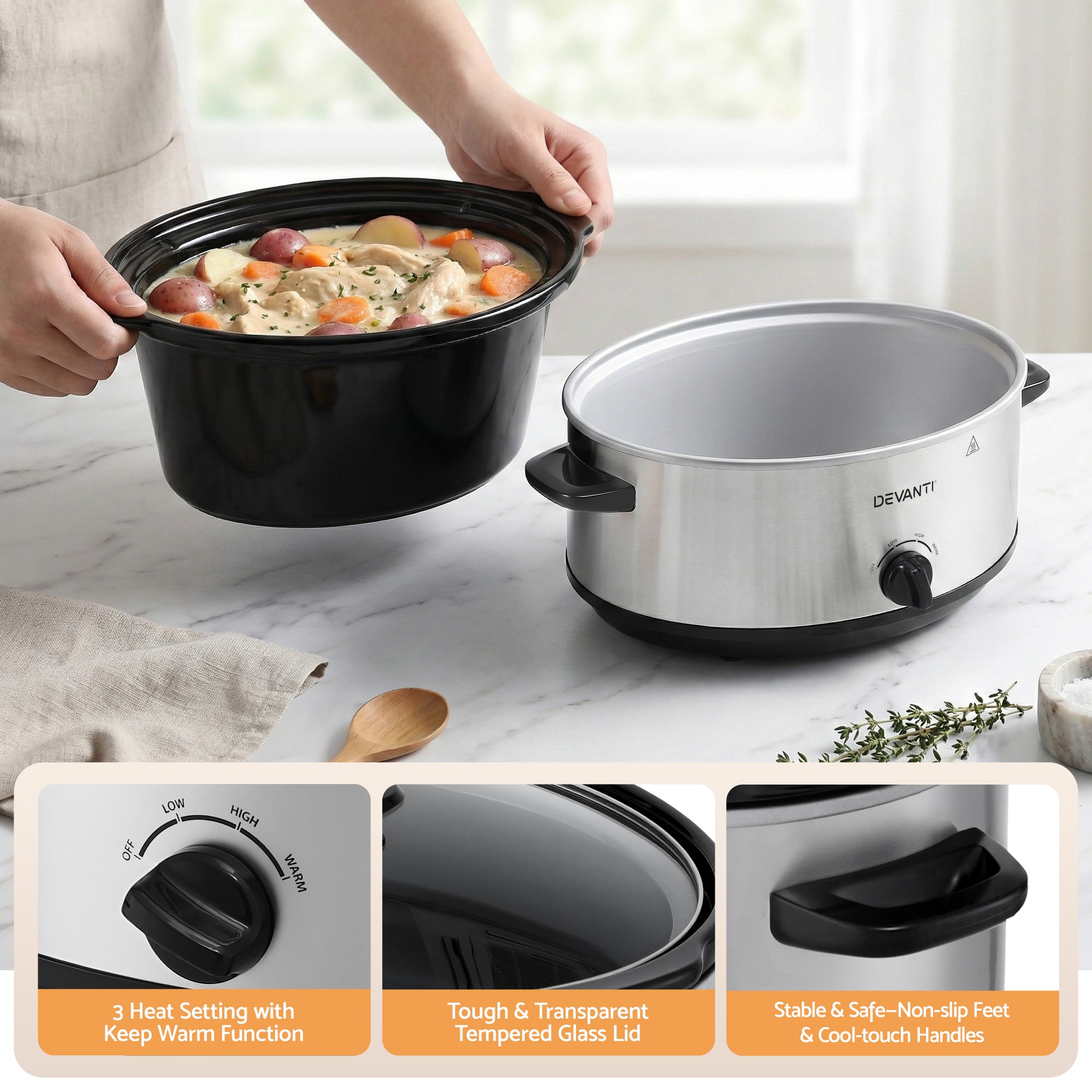 6.5L Electric Slow Cooker Multi Cooker with 3 Heat Settings & Keep Warm - Silver