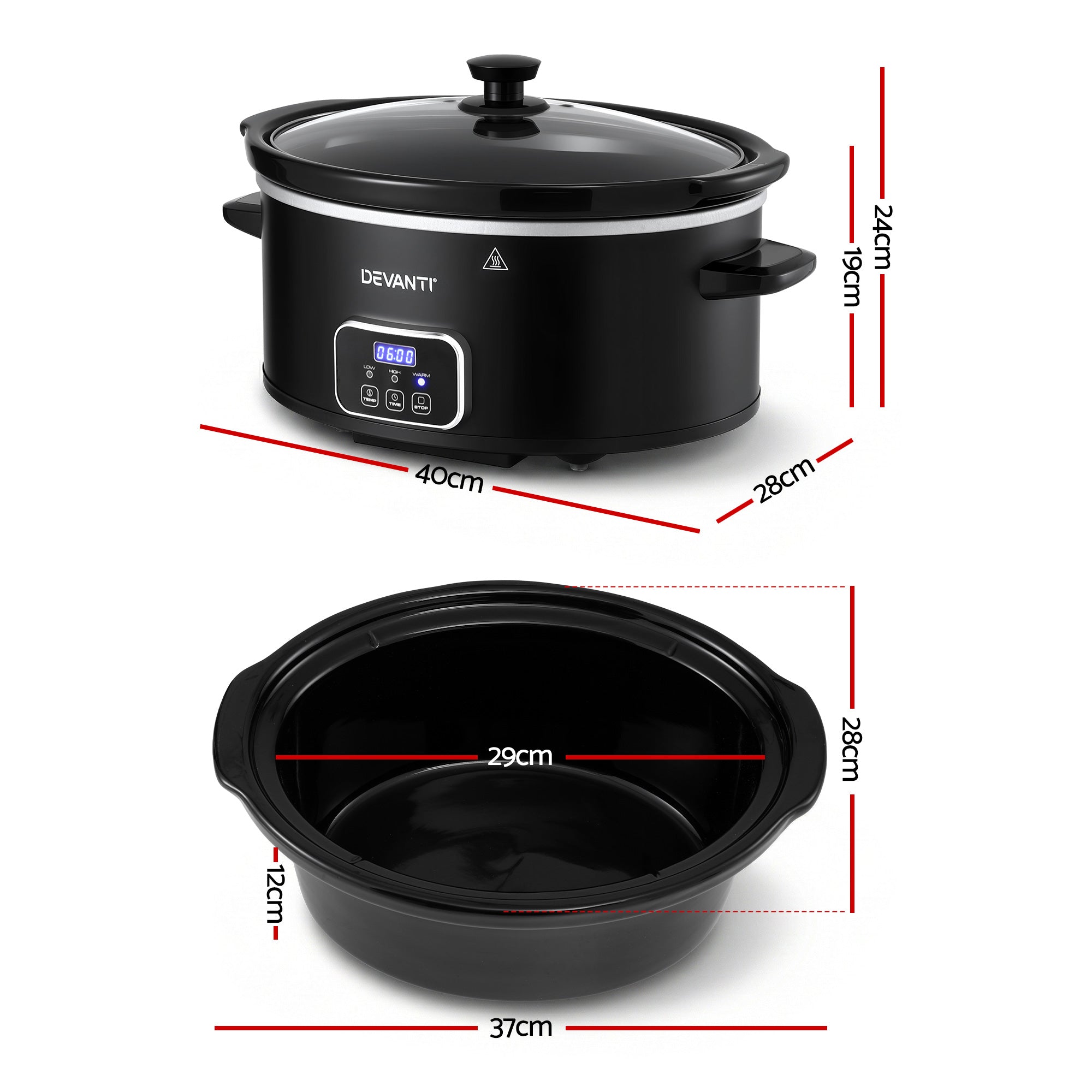5.6L Electric Slow Cooker Multi Cooker with 3 Heat Settings and Keep Warm - Black