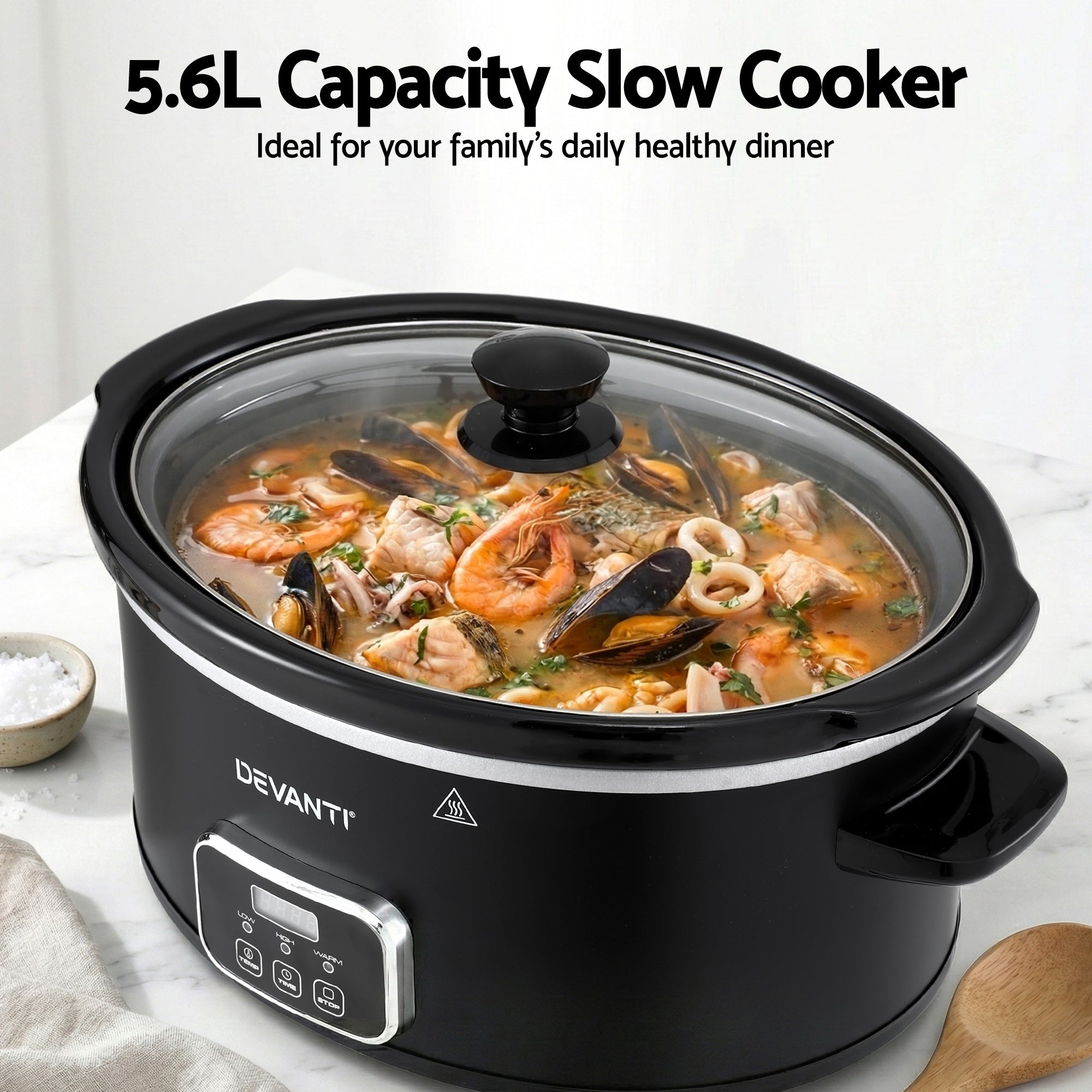 5.6L Electric Slow Cooker Multi Cooker with 3 Heat Settings and Keep Warm - Black