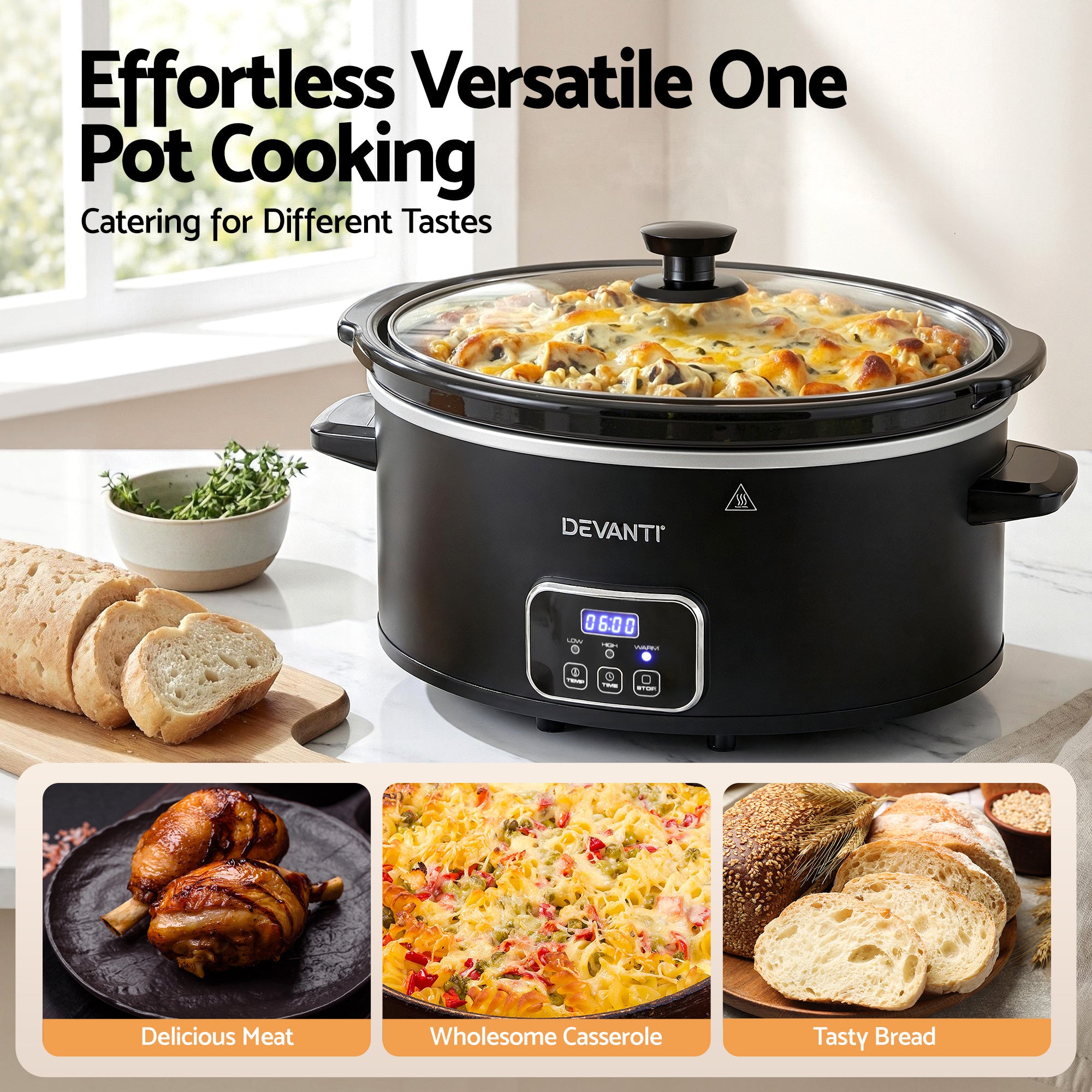 5.6L Electric Slow Cooker Multi Cooker with 3 Heat Settings and Keep Warm - Black