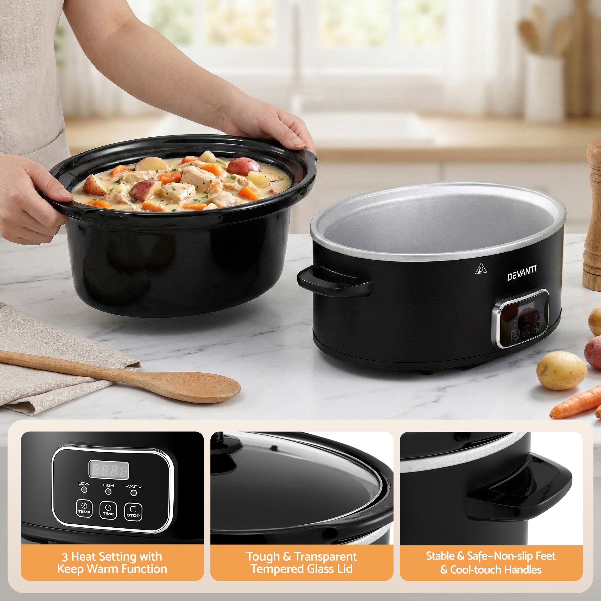 5.6L Electric Slow Cooker Multi Cooker with 3 Heat Settings and Keep Warm - Black
