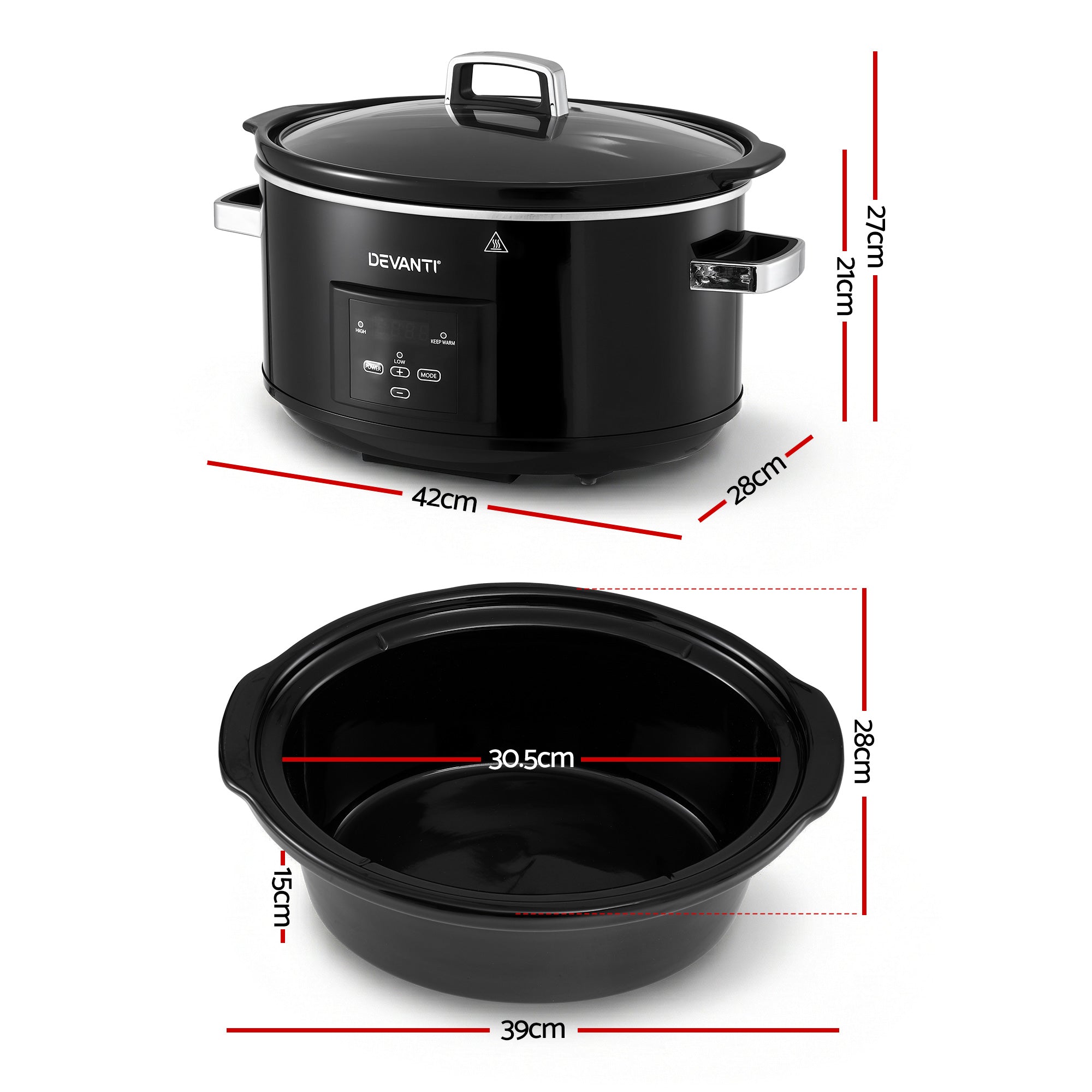 8L Electric Slow Cooker Multi Cooker with 3 Heat Settings and Keep Warm - Black