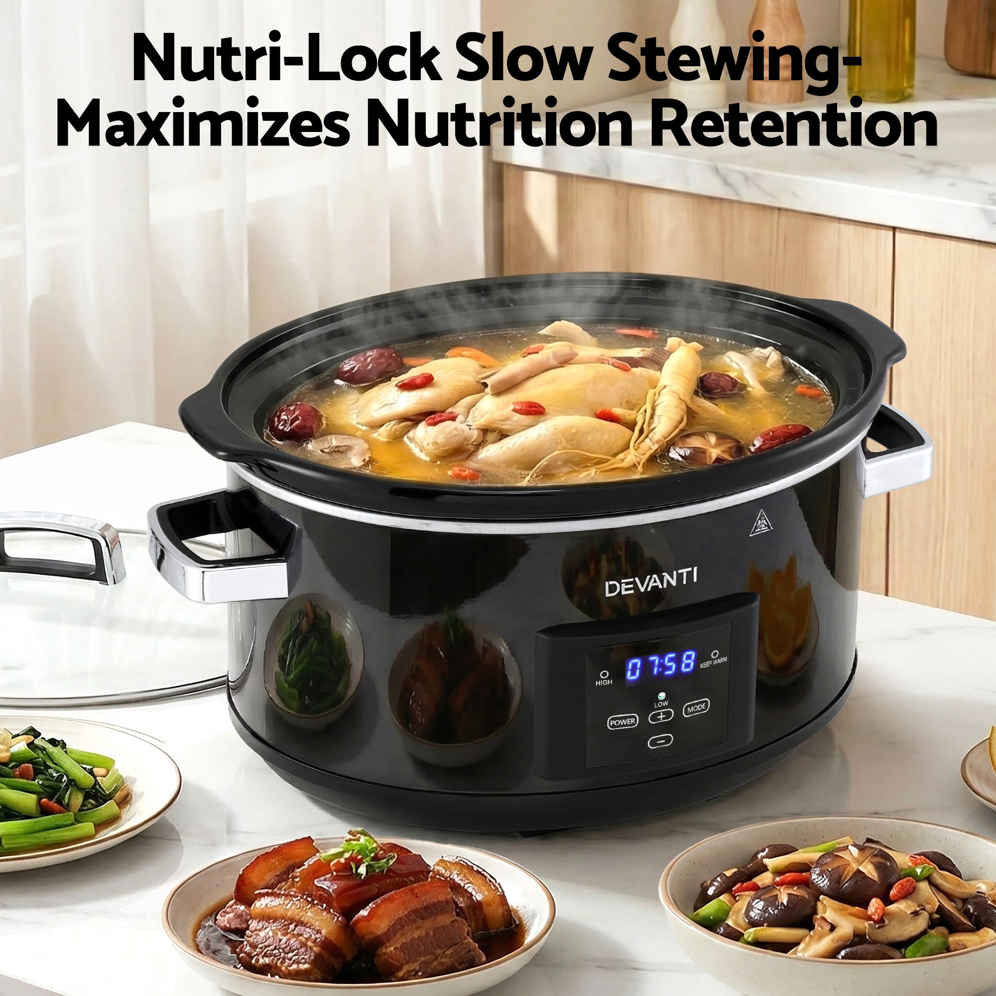 8L Electric Slow Cooker Multi Cooker with 3 Heat Settings and Keep Warm - Black
