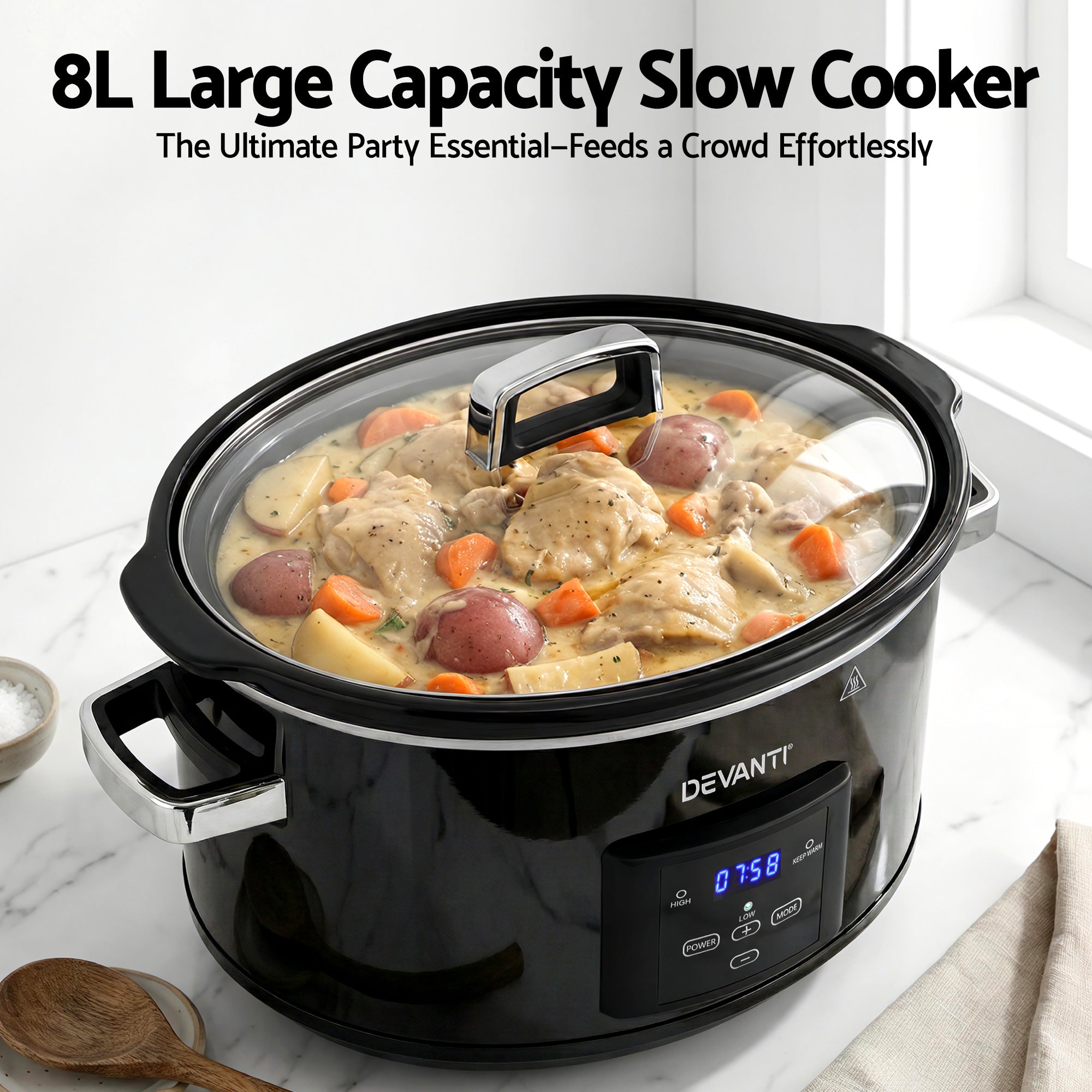 8L Electric Slow Cooker Multi Cooker with 3 Heat Settings and Keep Warm - Black