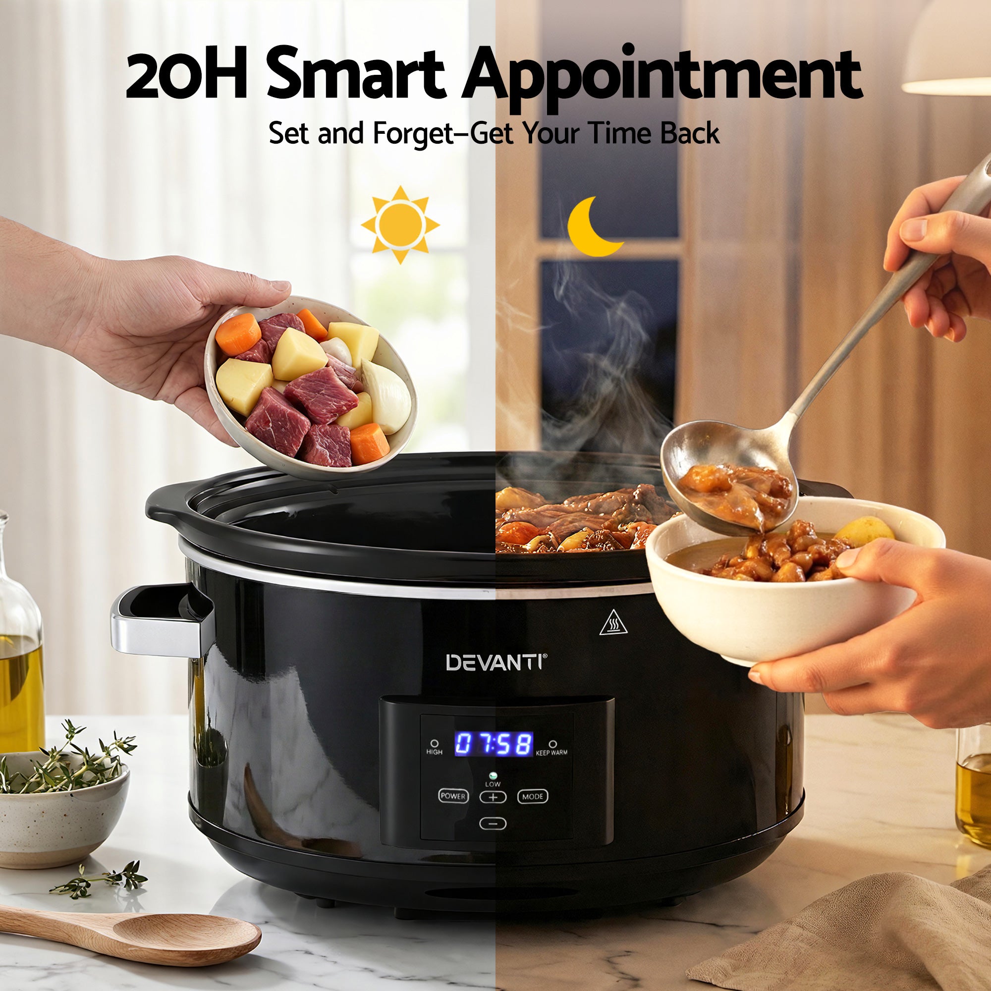 8L Electric Slow Cooker Multi Cooker with 3 Heat Settings and Keep Warm - Black