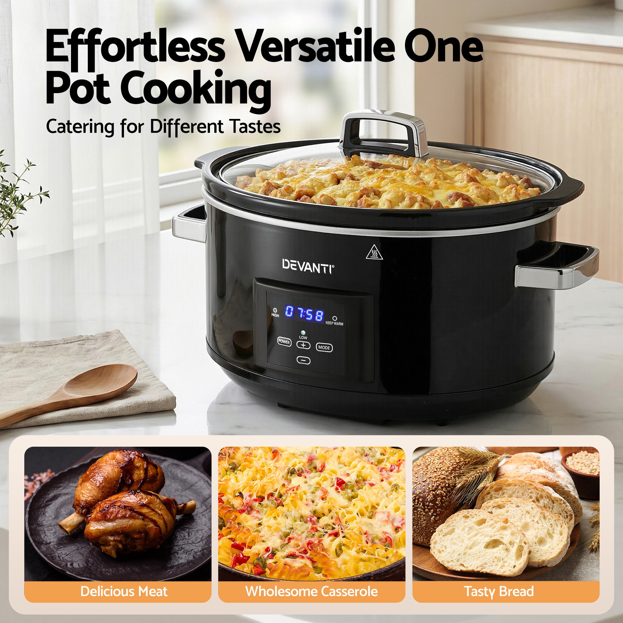 8L Electric Slow Cooker Multi Cooker with 3 Heat Settings and Keep Warm - Black