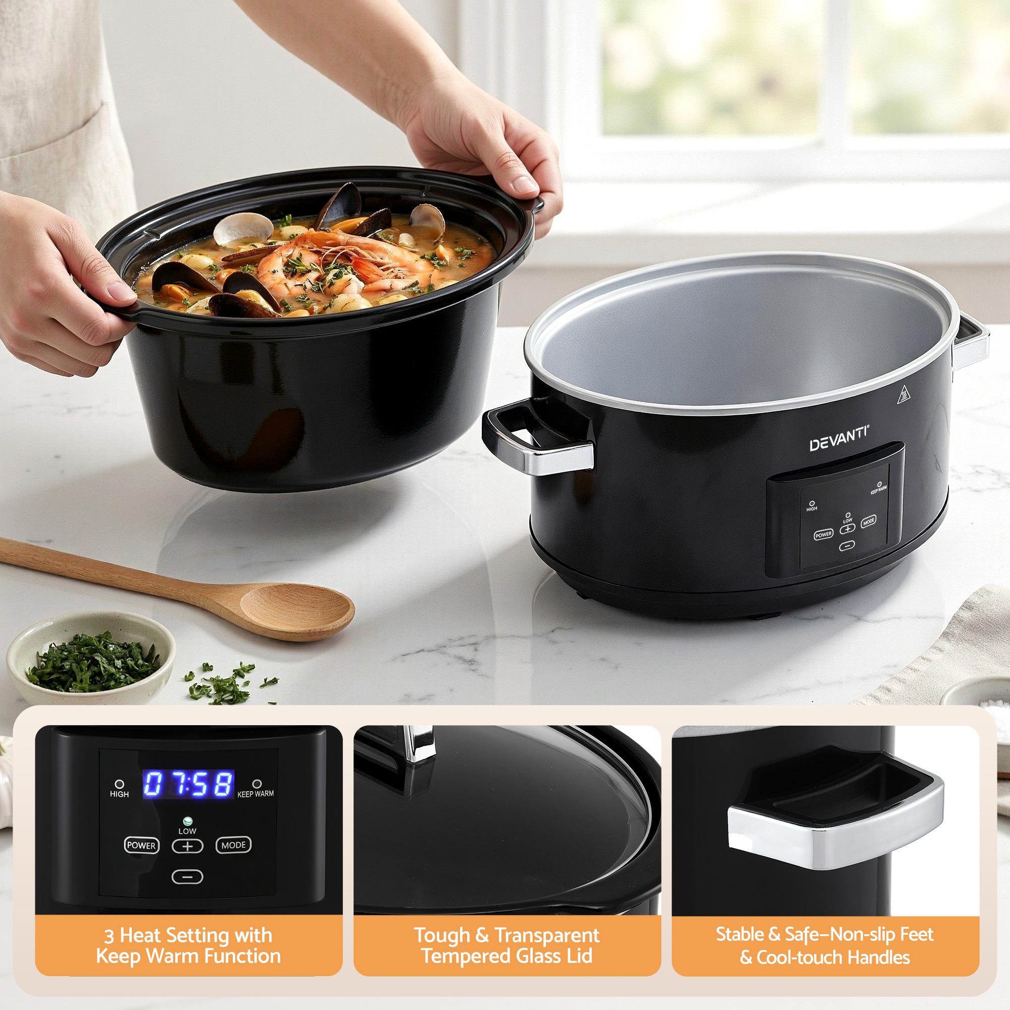 8L Electric Slow Cooker Multi Cooker with 3 Heat Settings and Keep Warm - Black