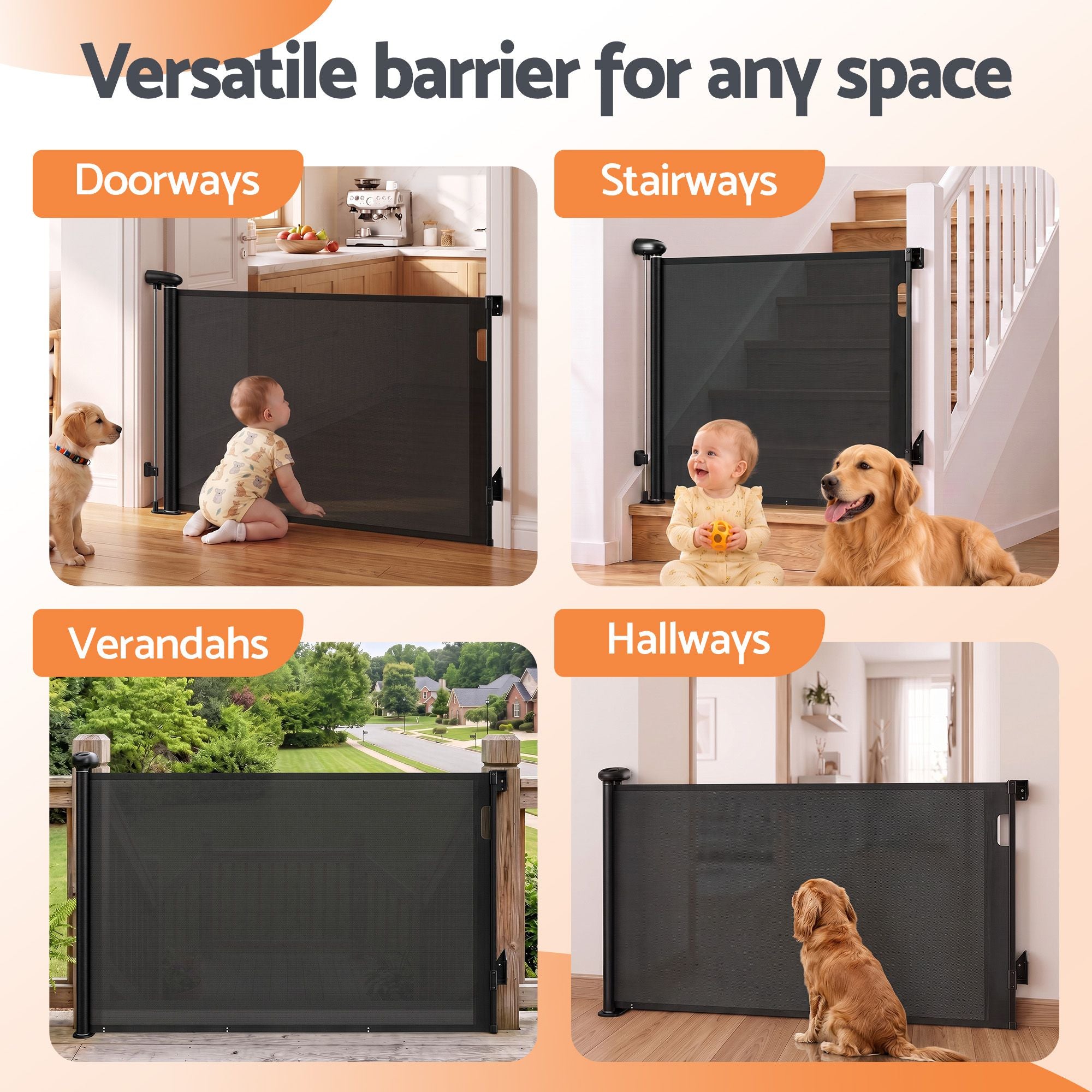Retractable Gate Baby Gate Pet Safety Fence Extends up to 140cm Black