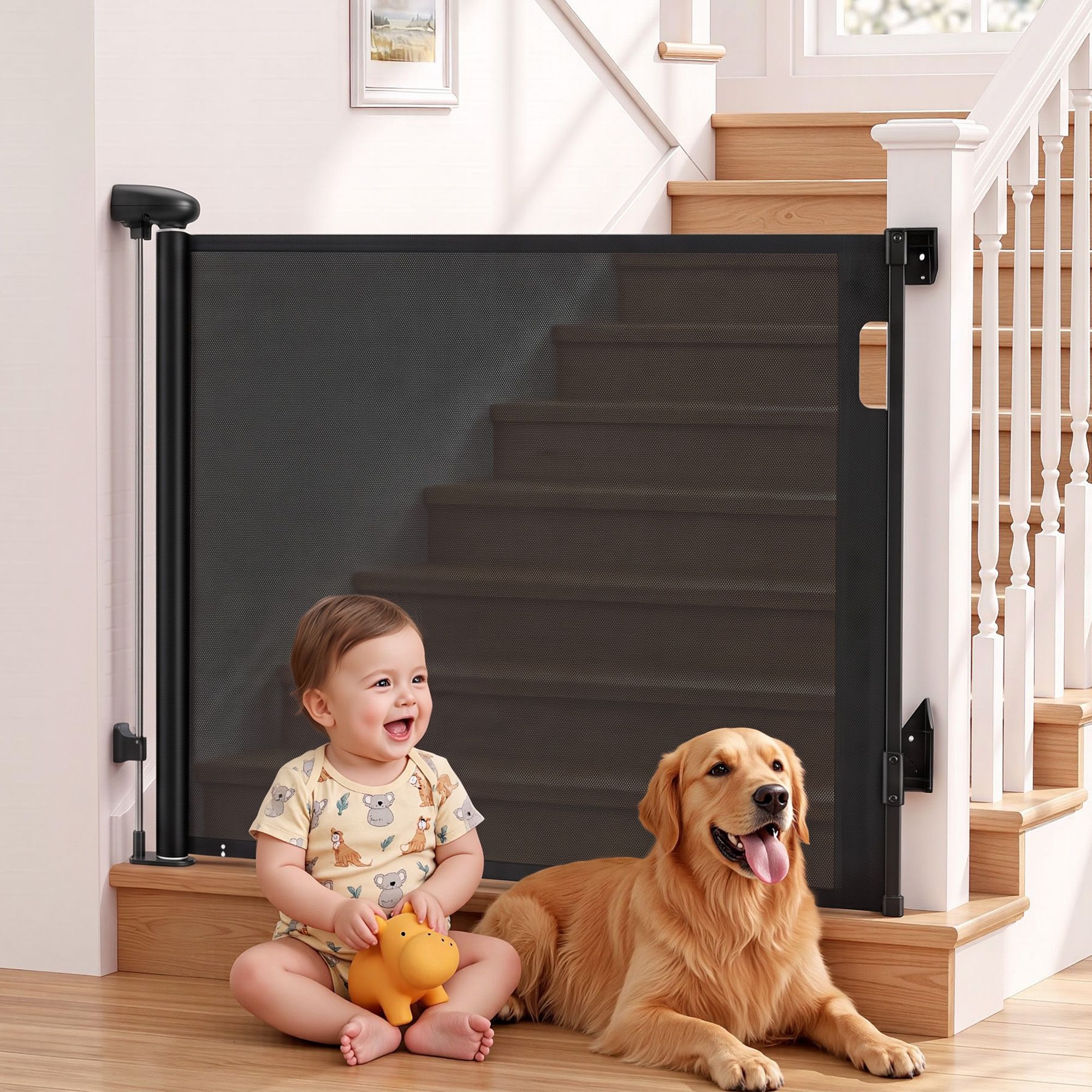 Retractable Gate Baby Gate Pet Safety Fence Extends up to 140cm Black