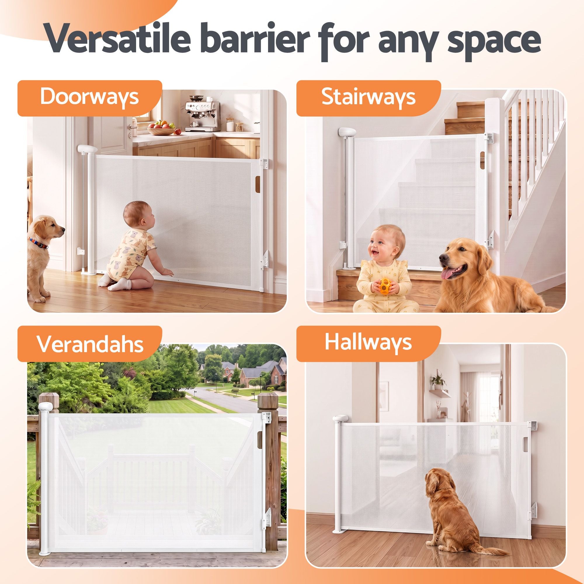 Retractable Gate Baby Gate Pet Safety Fence Extends up to 140cm White
