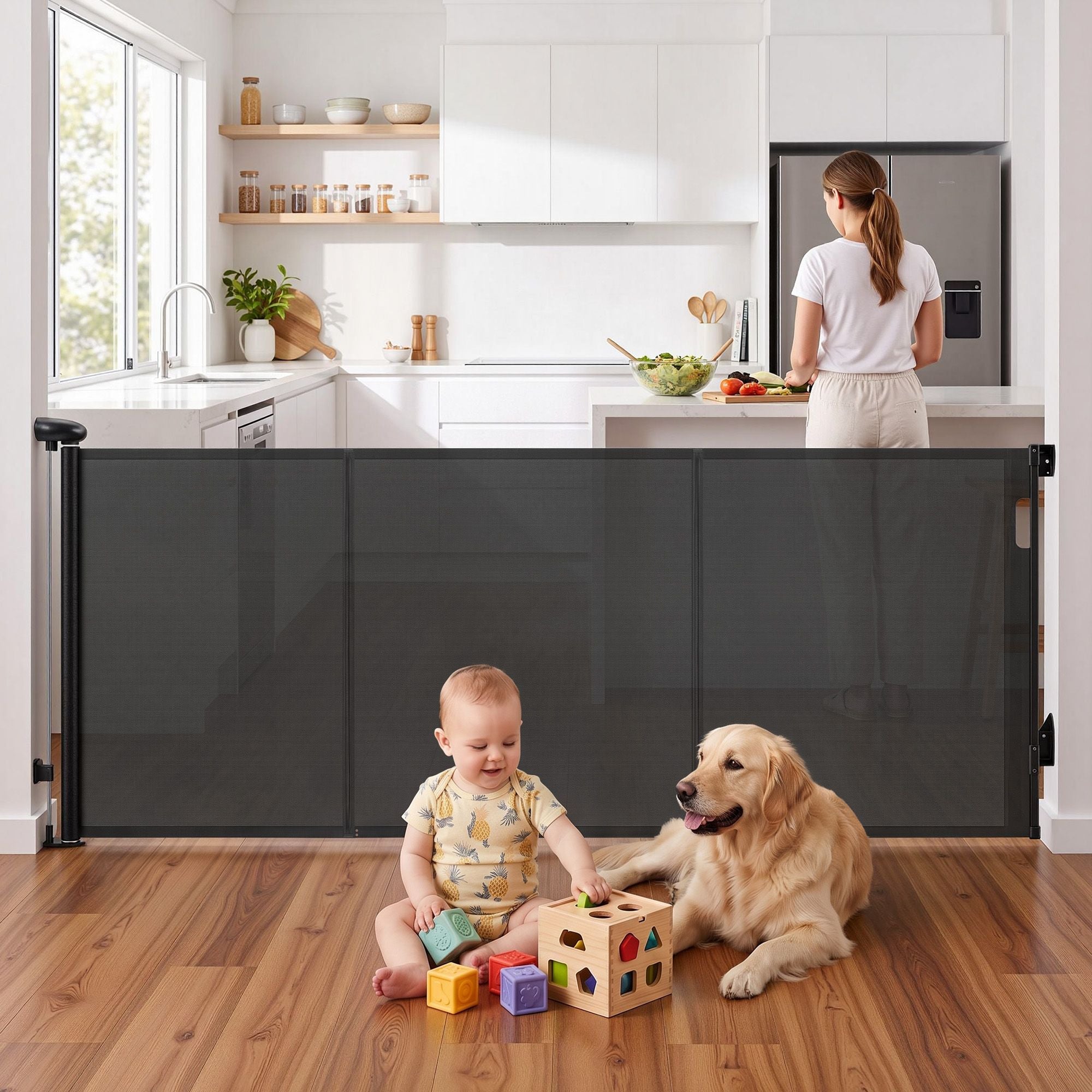 Retractable Gate Baby Gate Pet Safety Fence Extends up to 400cm Black