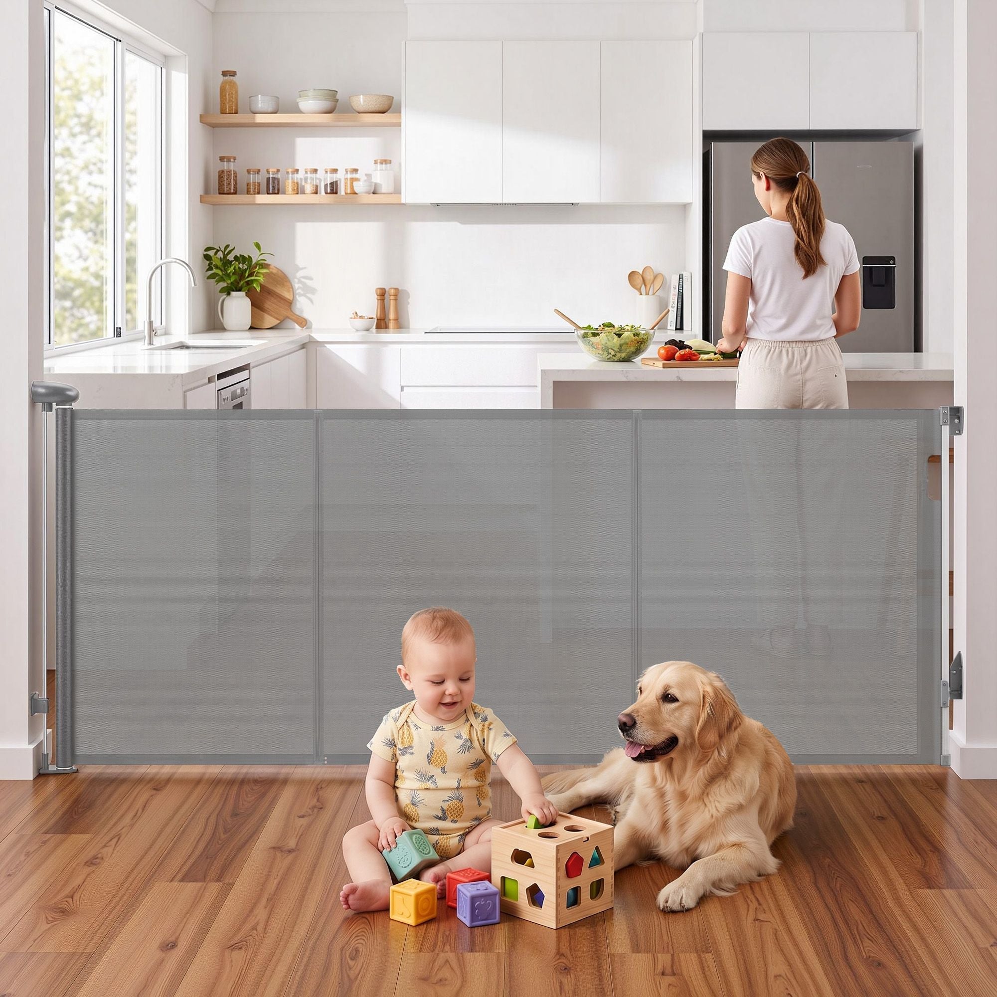 Retractable Gate Baby Gate Pet Safety Fence Extends up to 400cm Grey