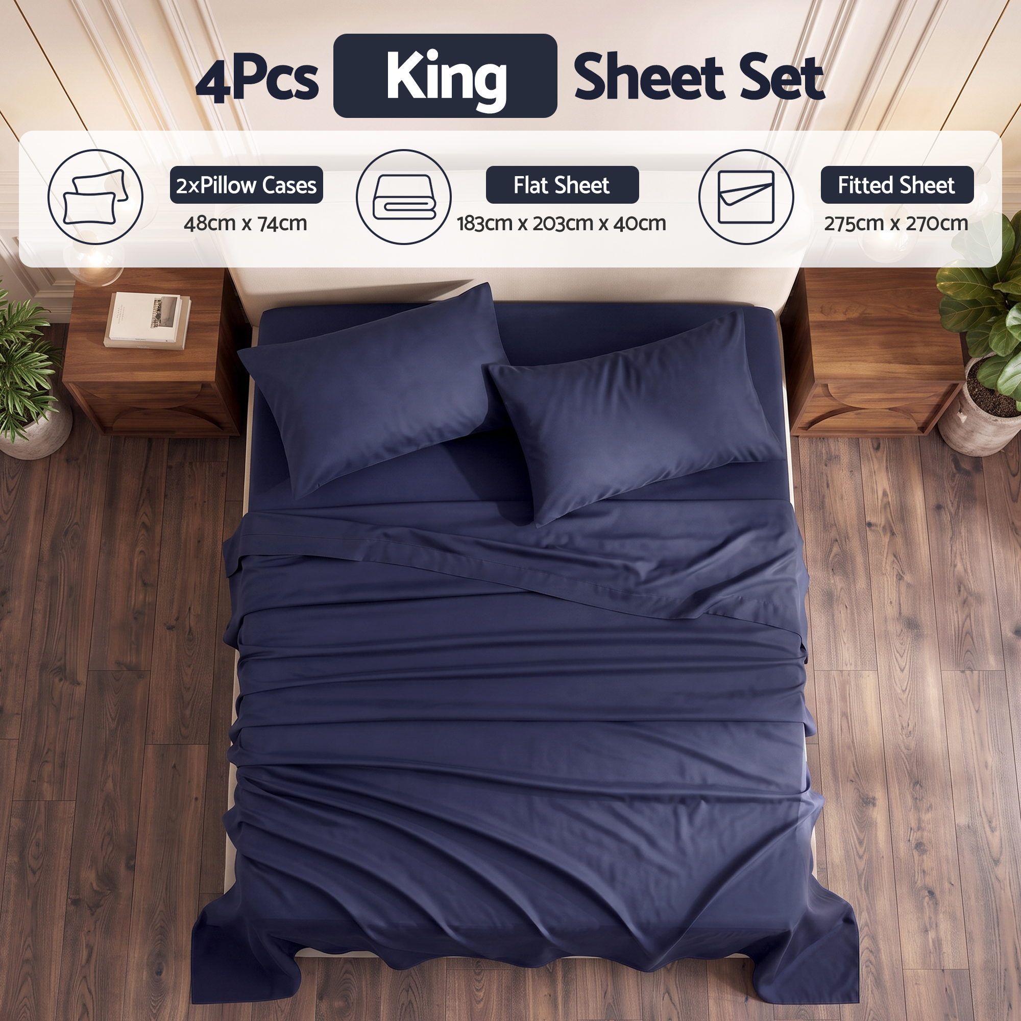 King 500TC Cotton 4Pcs Sheet Set with 40cm Extra Deep Pocket for Thick Mattresses Sateen Weave for Sweaty Nights Navy Blue
