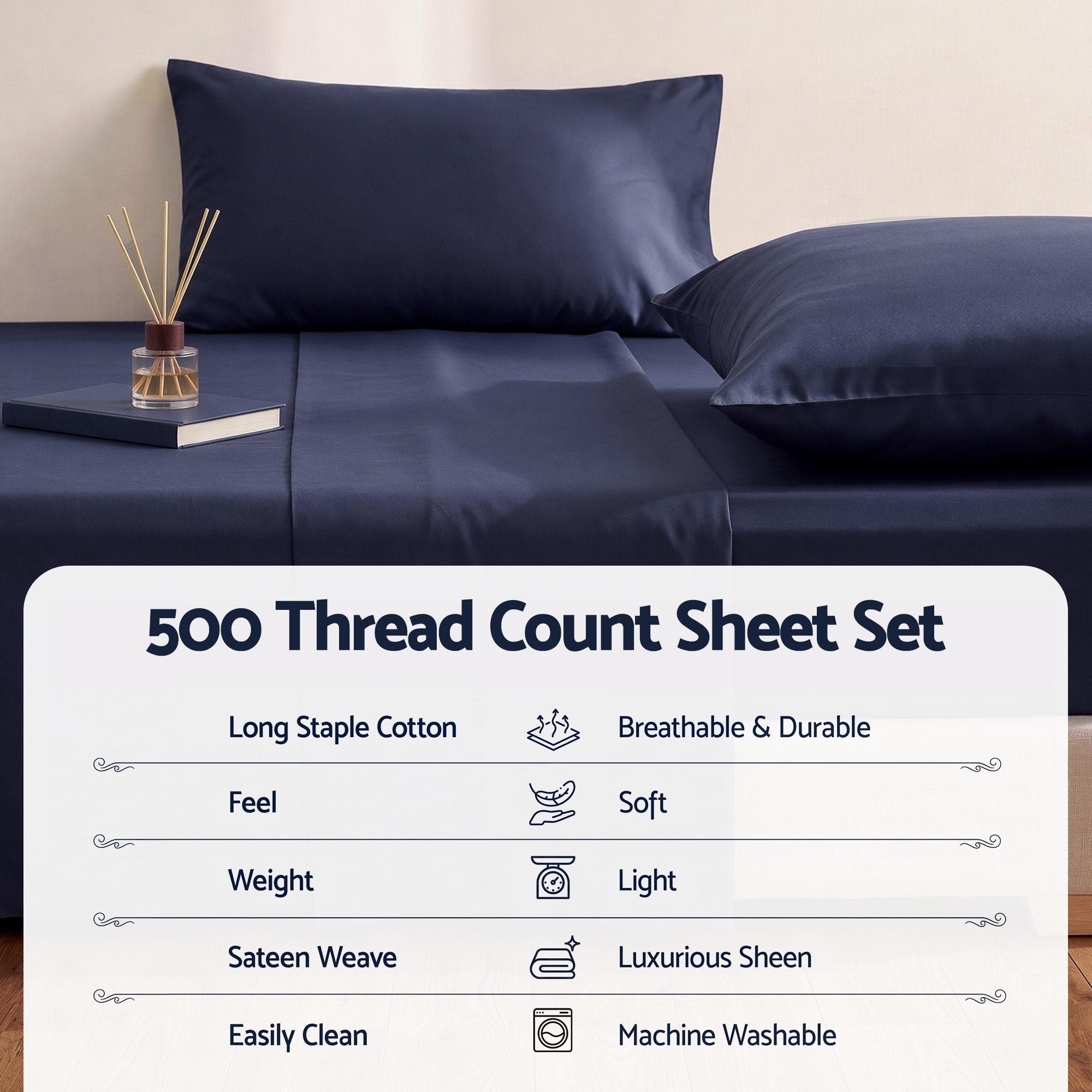 Kingsingle 500TC Cotton 4Pcs Sheet Set with 40cm Extra Deep Pocket for Thick Mattresses Sateen Weave for Sweaty Nights Navy Blue