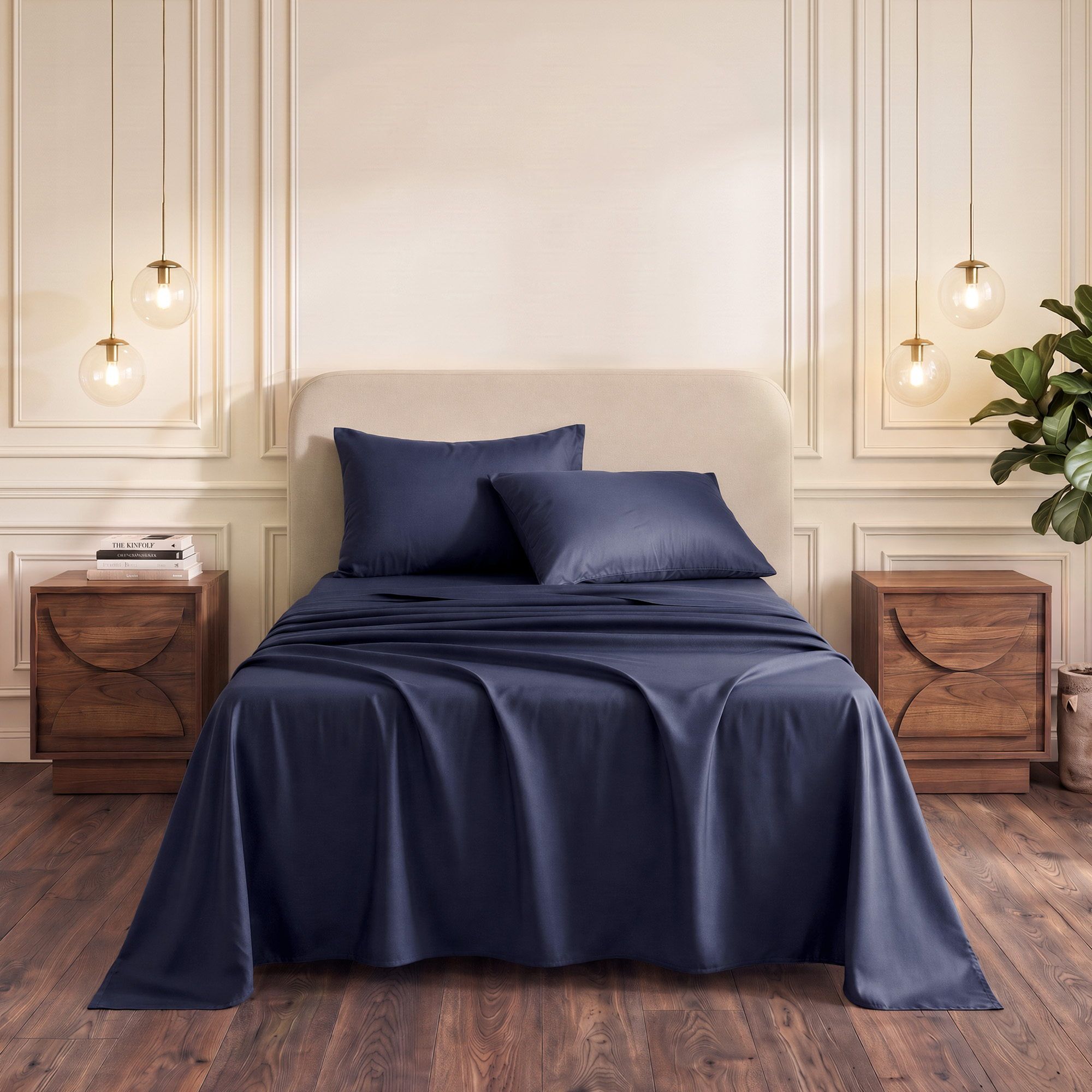 Kingsingle 500TC Cotton 4Pcs Sheet Set with 40cm Extra Deep Pocket for Thick Mattresses Sateen Weave for Sweaty Nights Navy Blue