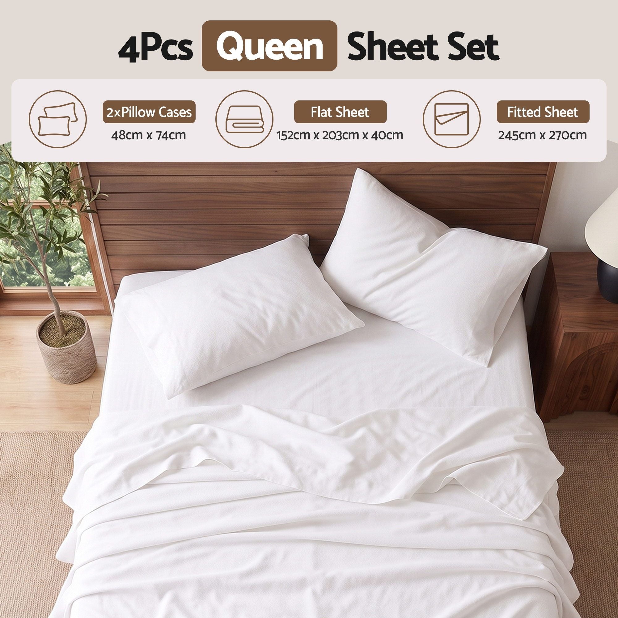 Queen 500TC Cotton 4Pcs Sheet Set with 40cm Extra Deep Pocket for Thick Mattresses Sateen Weave for Sweaty Nights White